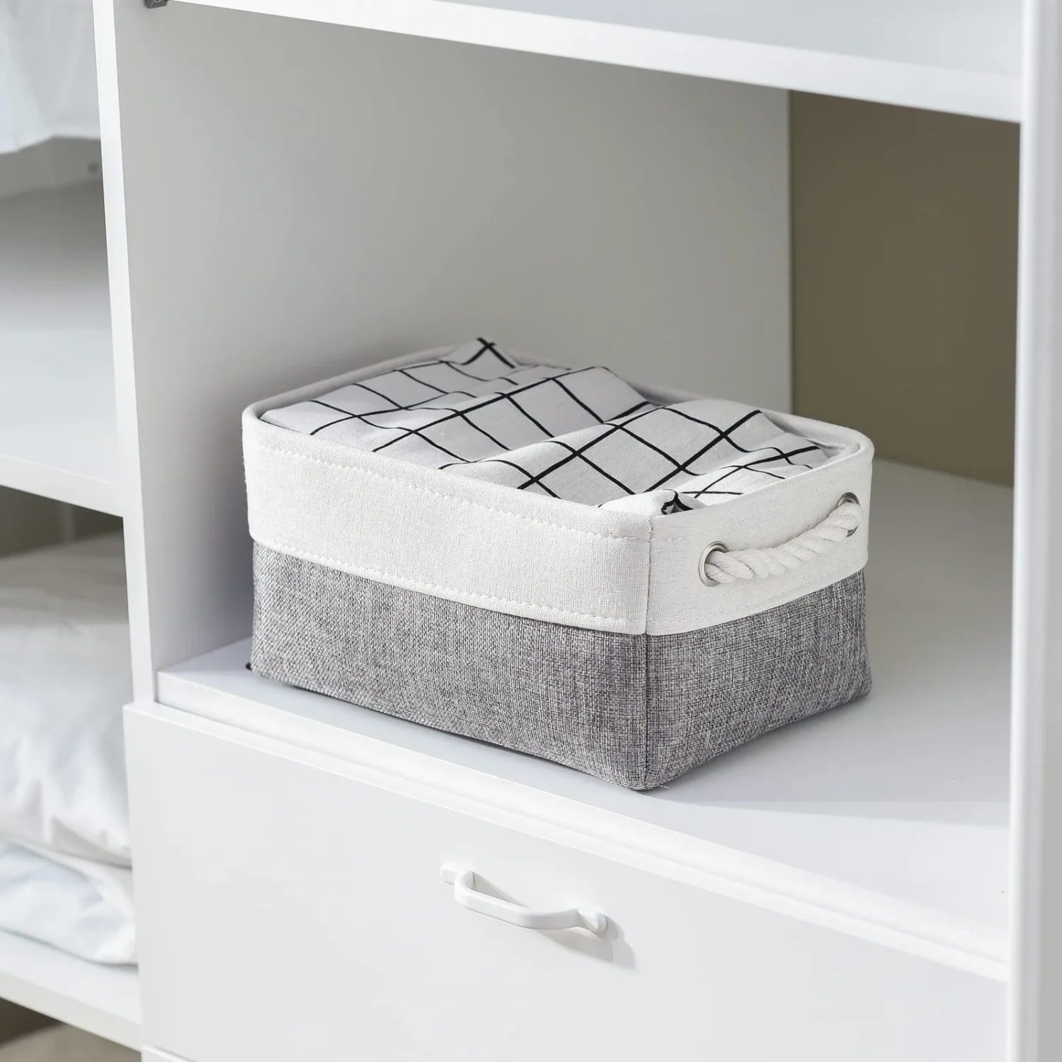 TheWarmHome Organization and Storage Basket for Shelves - 12x8x5.2 inch 1 Pack Fabric Storage Cubes, Collapsible Storage Bins for Closet Organizer Gift Cloth Toy (White & Grey)