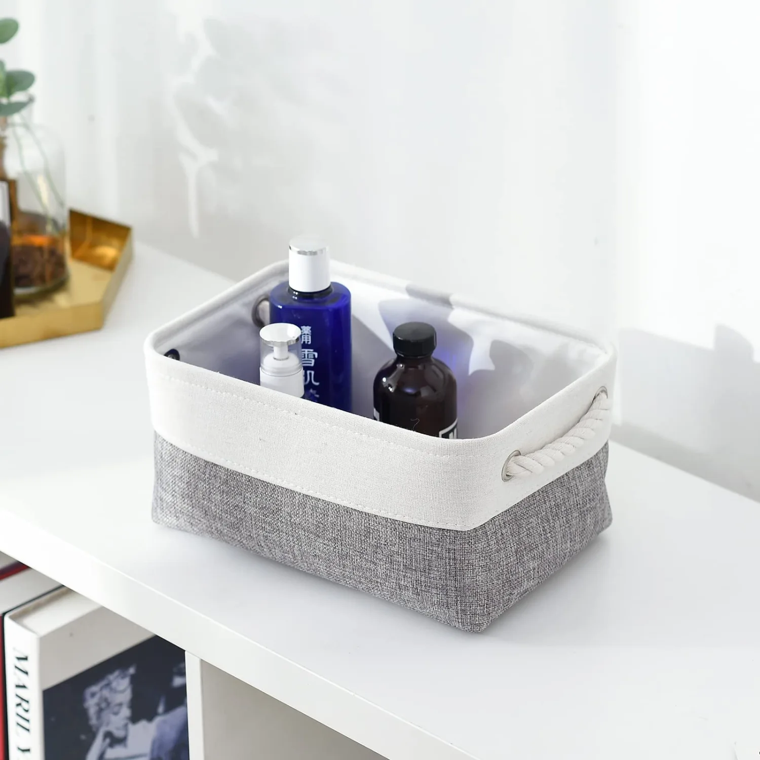 TheWarmHome Organization and Storage Basket for Shelves - 12x8x5.2 inch 1 Pack Fabric Storage Cubes, Collapsible Storage Bins for Closet Organizer Gift Cloth Toy (White & Grey)