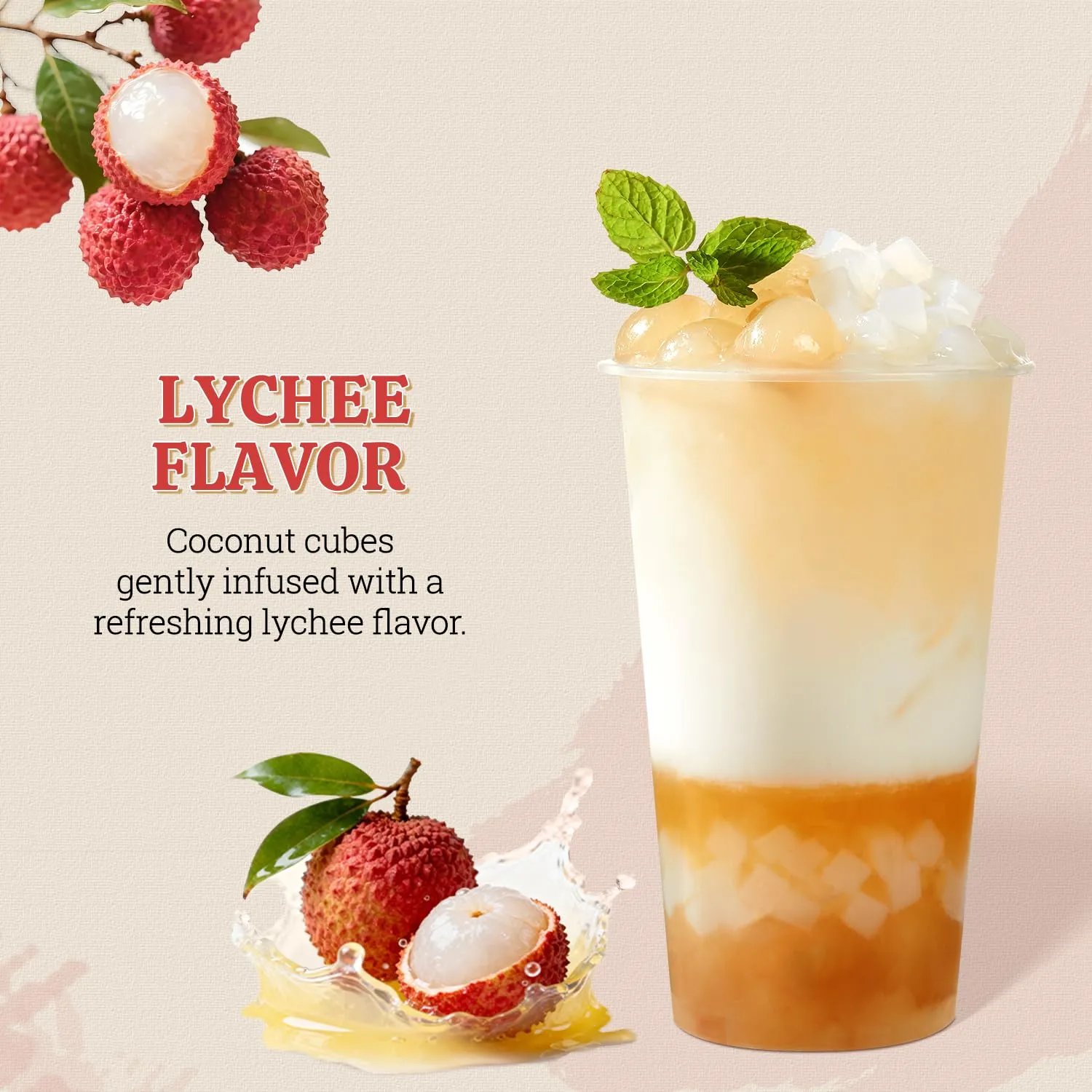 52USA Lychee Flavored Coconut Jelly 1kg (2.2 lbs) Topping for Desserts and Boba Tea, Premium Coconut Gel Strip for Smoothies and Drink