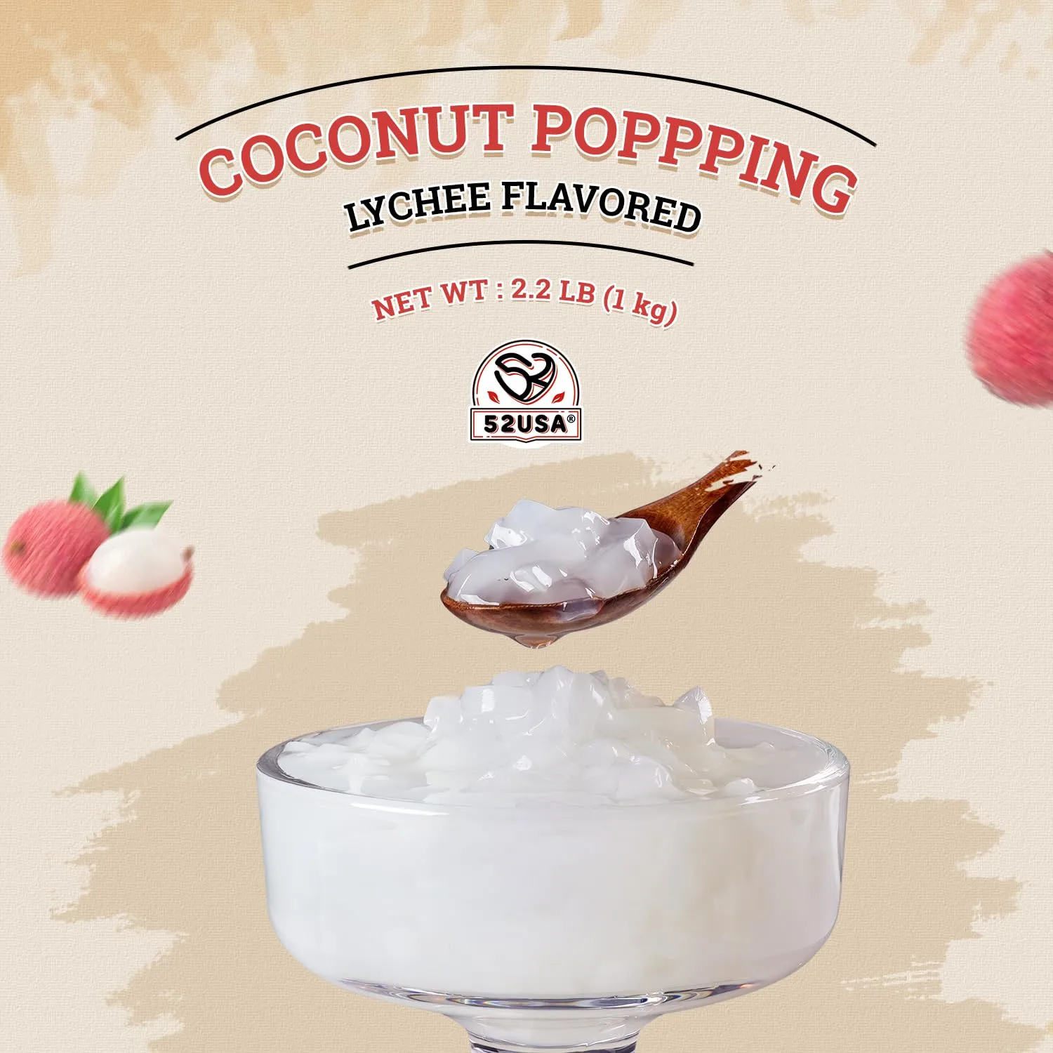52USA Lychee Flavored Coconut Jelly 1kg (2.2 lbs) Topping for Desserts and Boba Tea, Premium Coconut Gel Strip for Smoothies and Drink