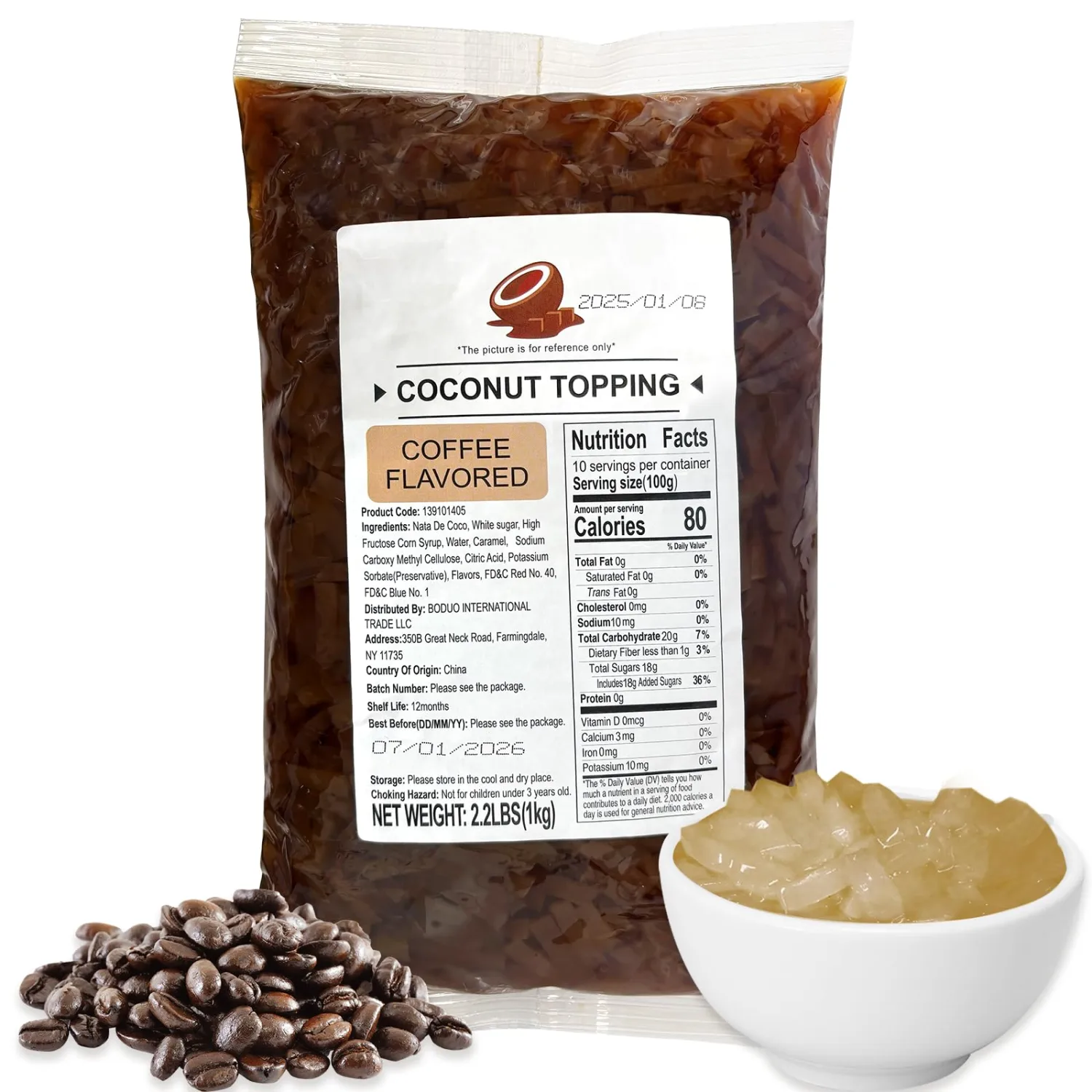 52USA Coffee Flavored Coconut Jelly 1kg (2.2 lbs) Topping for Desserts and Boba Tea, Premium Coconut Gel Strip for Smoothies and Drink