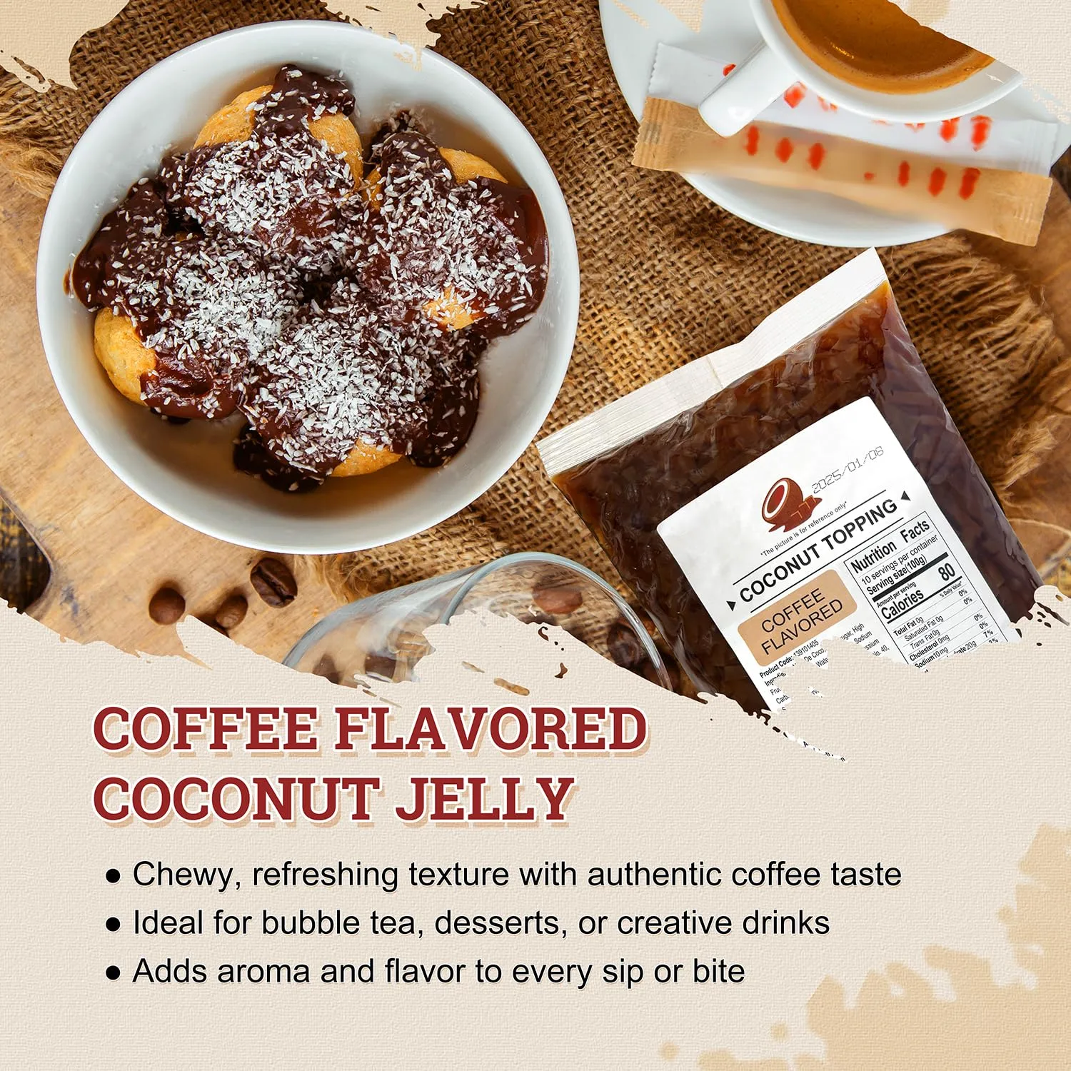 52USA Coffee Flavored Coconut Jelly 1kg (2.2 lbs) Topping for Desserts and Boba Tea, Premium Coconut Gel Strip for Smoothies and Drink
