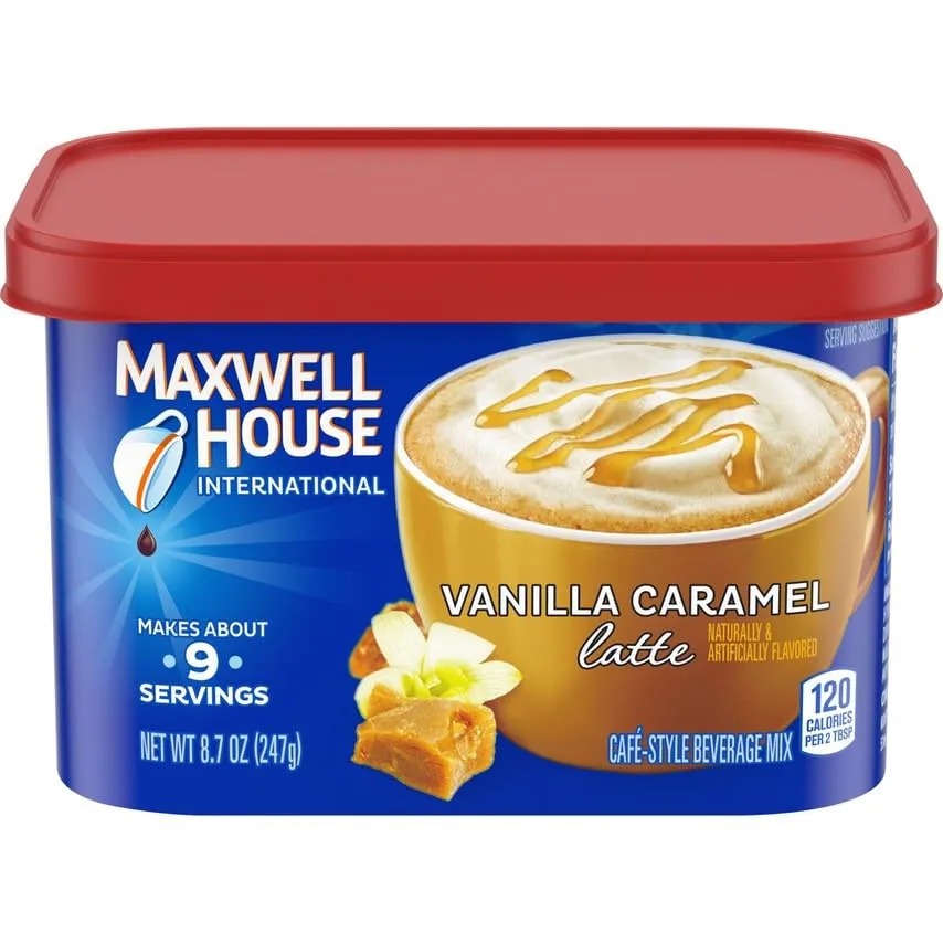 Maxwell House Vanilla Caramel Latte Mix, 8.7 oz + French Vanilla Café-Style Instant Coffee Beverage Mix, 4.3 oz, (Variety Pack)
