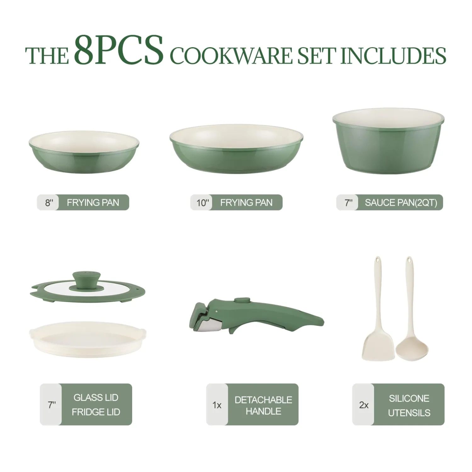 Ceramic Cookware Set Non Stick 8Pcs Pots and Pans Set Detachable Handle Induction Kitchen Cooking Set with Frying Pans Oven Dishwasher Safe, PFAS/PFOA Free, Forest Green