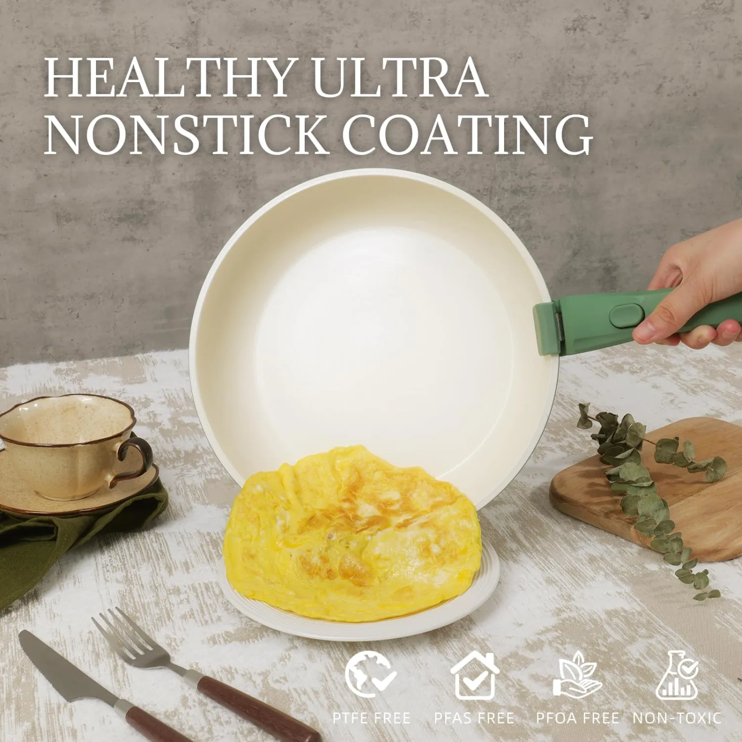 Ceramic Cookware Set Non Stick 8Pcs Pots and Pans Set Detachable Handle Induction Kitchen Cooking Set with Frying Pans Oven Dishwasher Safe, PFAS/PFOA Free, Forest Green
