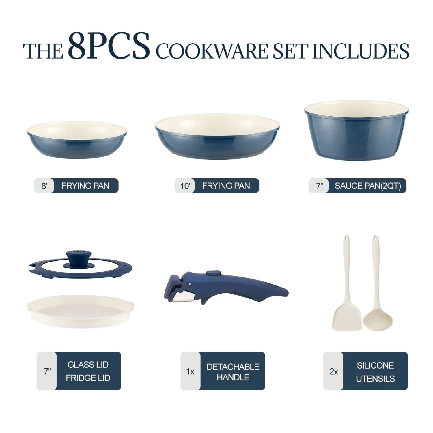 Ceramic Cookware Set Non Stick 8Pcs Pots and Pans Set Detachable Handle Induction Kitchen Cooking Set with Frying Pans Oven Dishwasher Safe, PFAS/PFOA Free, Navy