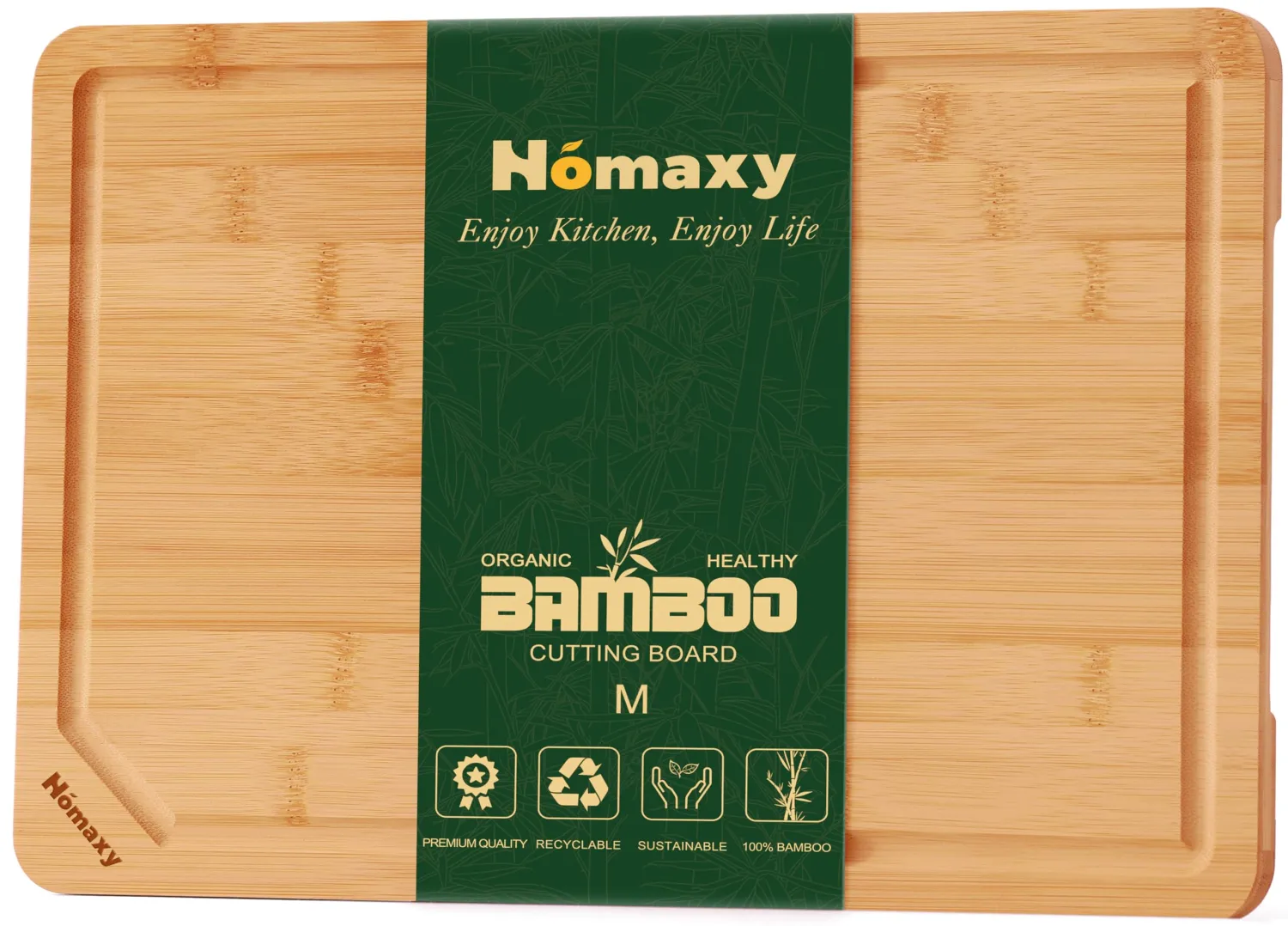 Homaxy Organic Bamboo Cutting Boards for Kitchen, 15"x10" Wooden Medium Cutting Board with Juice Groove and Handles, Charcuterie Butcher Block Wood Serving & Chopping Board - Pre Oiled