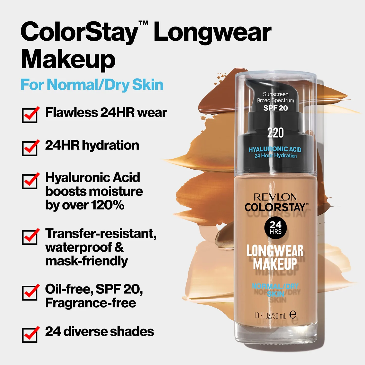 Revlon Liquid Foundation, ColorStay Face Makeup for Normal & Dry Skin, SPF 20, Longwear Medium-Full Coverage with Natural Finish, 400 Caramel, 1 fl oz