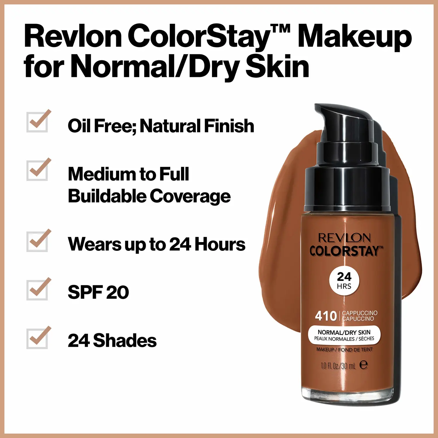 Revlon Liquid Foundation, ColorStay Face Makeup for Normal & Dry Skin, SPF 20, Longwear Medium-Full Coverage with Natural Finish, Oil Free, 500 Walnut, 1 Fl Oz