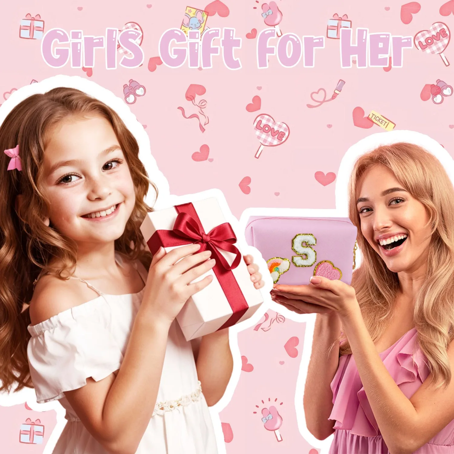Birthday Gifts for Kids 4 5 6 7 8 9 10 11 12 year Old, Girl gifts Skin Care, Letter Pouch Cosmetic Toiletry Bag, Personalized Gift for Girl, Gift Bags
