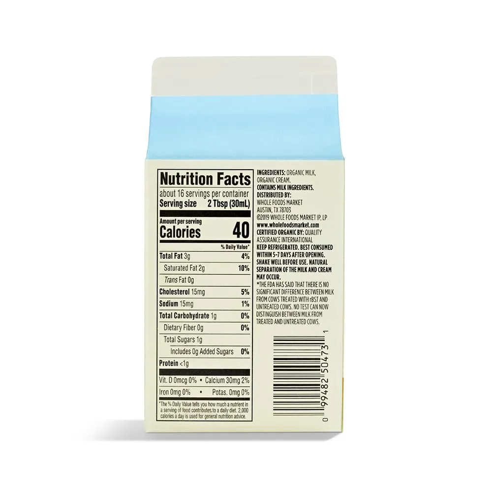 365 By Whole Foods Market, Organic Half And Half, 16 Ounce