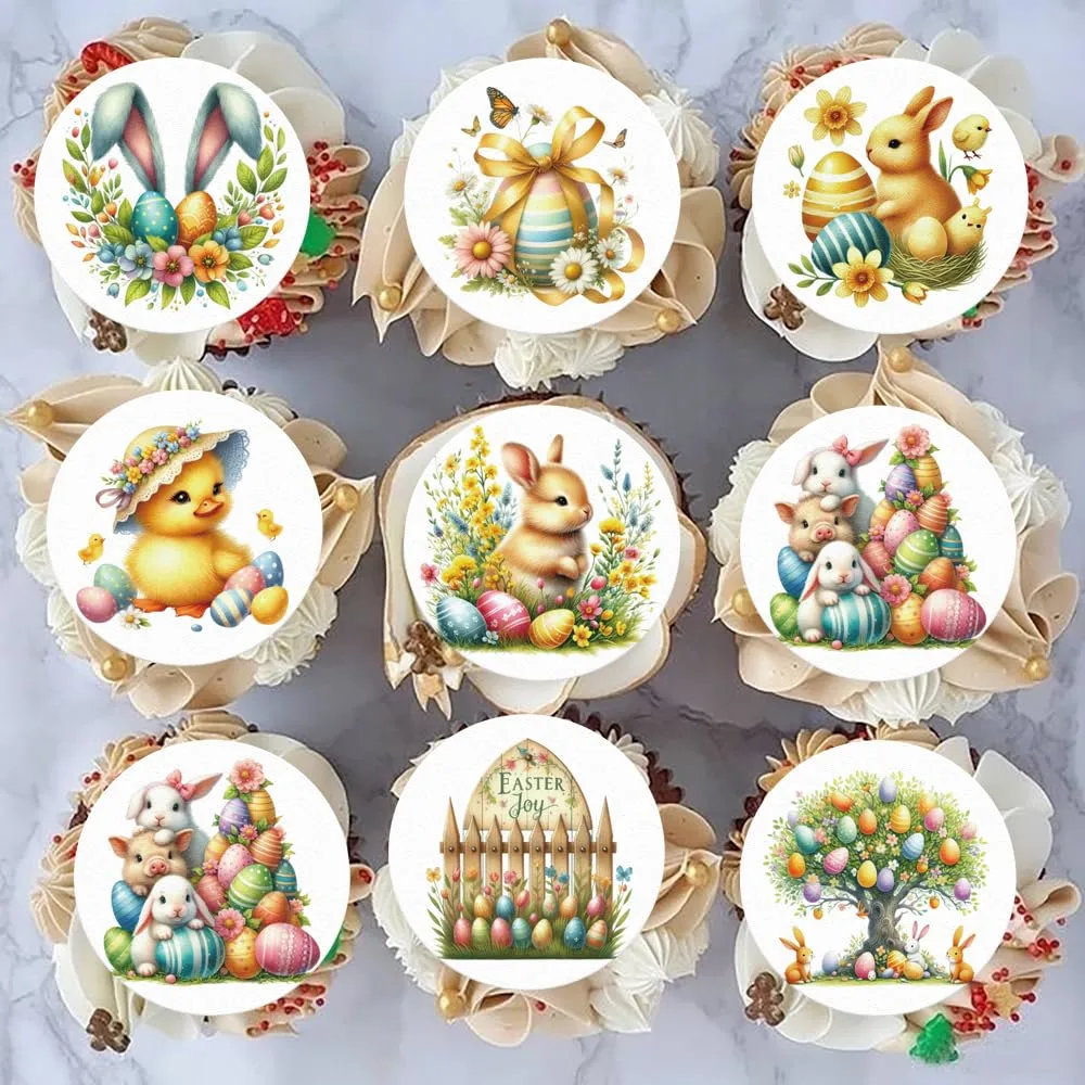 48PCS Edible Happy Easter Cupcake Toppers Edible Spring Bunny Cupcake Picks Wafer Paper Bunny Cake Toppers for Easter Theme Birthday Baby Shower Party Cake Supplies