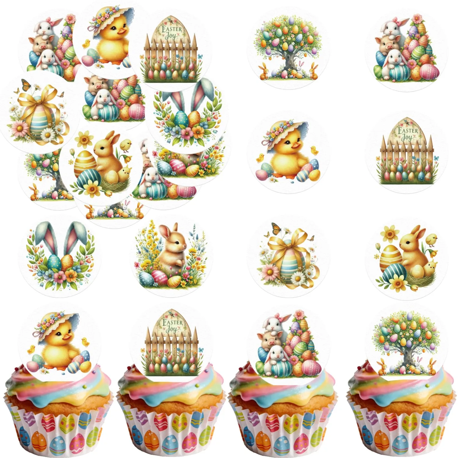 48PCS Edible Happy Easter Cupcake Toppers Edible Spring Bunny Cupcake Picks Wafer Paper Bunny Cake Toppers for Easter Theme Birthday Baby Shower Party Cake Supplies