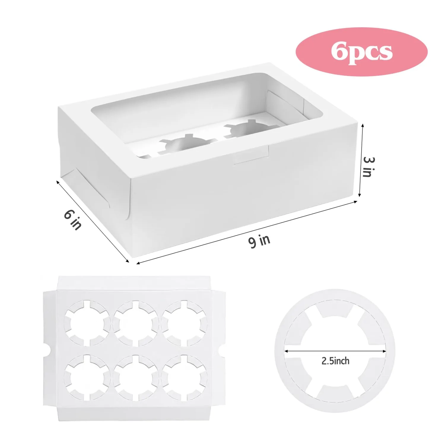 TOMNK 6 Count White Cupcake Boxes with Window - 36 Total Capacity Cupcake Carrier Sets for Birthday Holiday Party Bakery Supplies