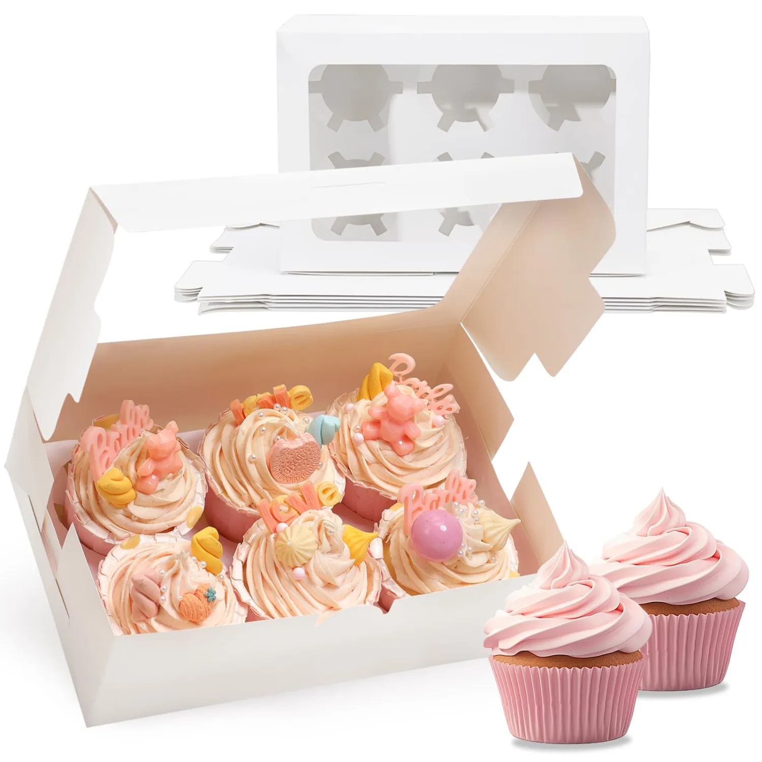 TOMNK 6 Count White Cupcake Boxes with Window - 36 Total Capacity Cupcake Carrier Sets for Birthday Holiday Party Bakery Supplies