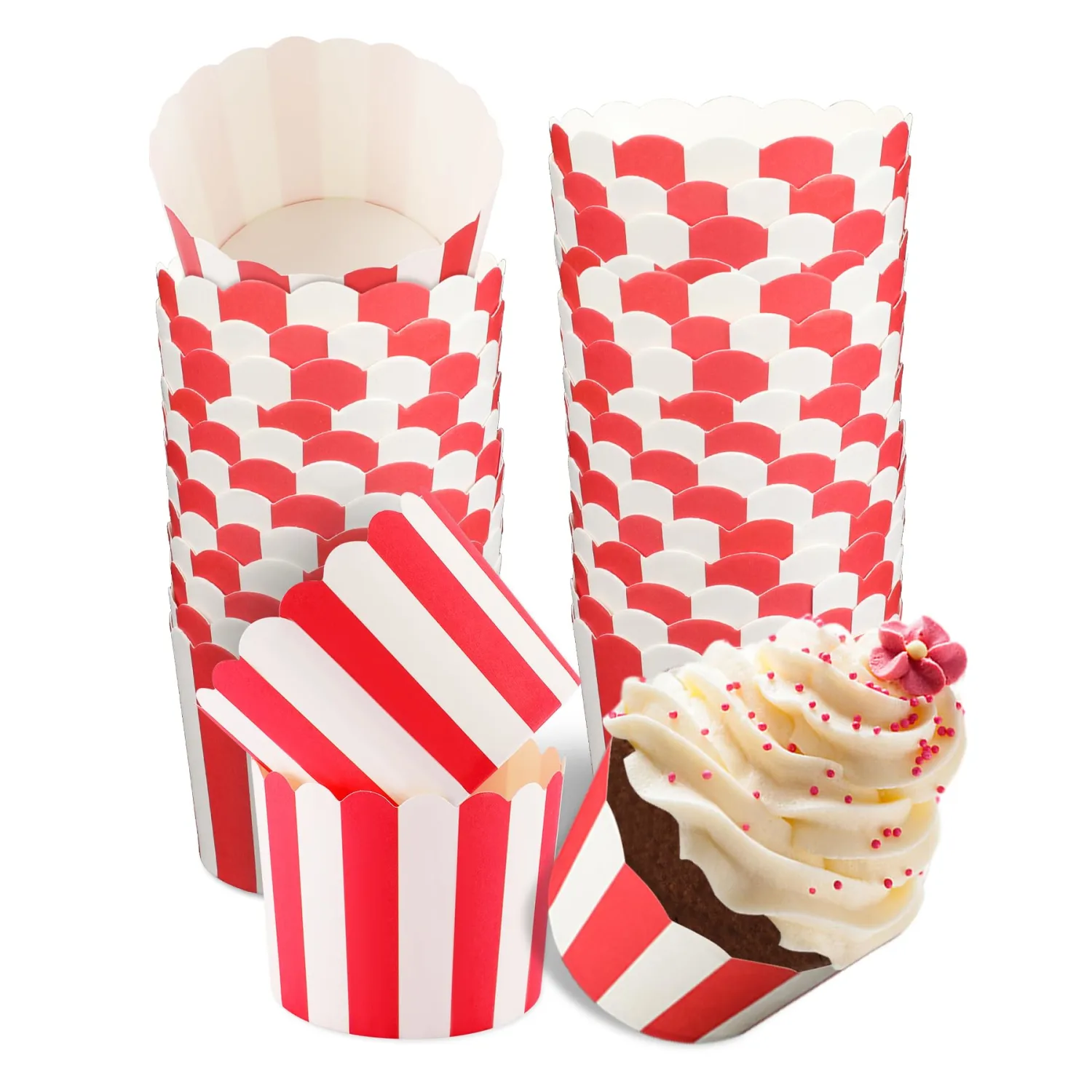 Cupcake Liners, 50PCS Nonstick Red and White Baking Cups Pastry Popcorn Muffin Wrapper Paper Cases Baking Cups,Great for Party Decoration, No Baking Tray Needed