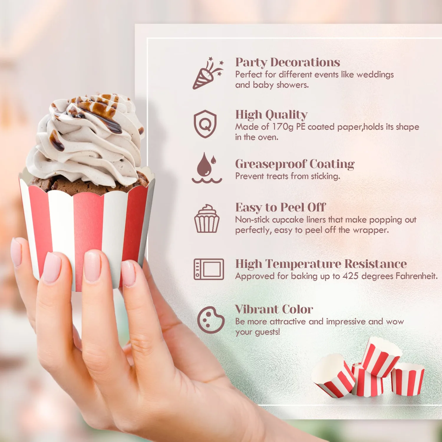 Cupcake Liners, 50PCS Nonstick Red and White Baking Cups Pastry Popcorn Muffin Wrapper Paper Cases Baking Cups,Great for Party Decoration, No Baking Tray Needed