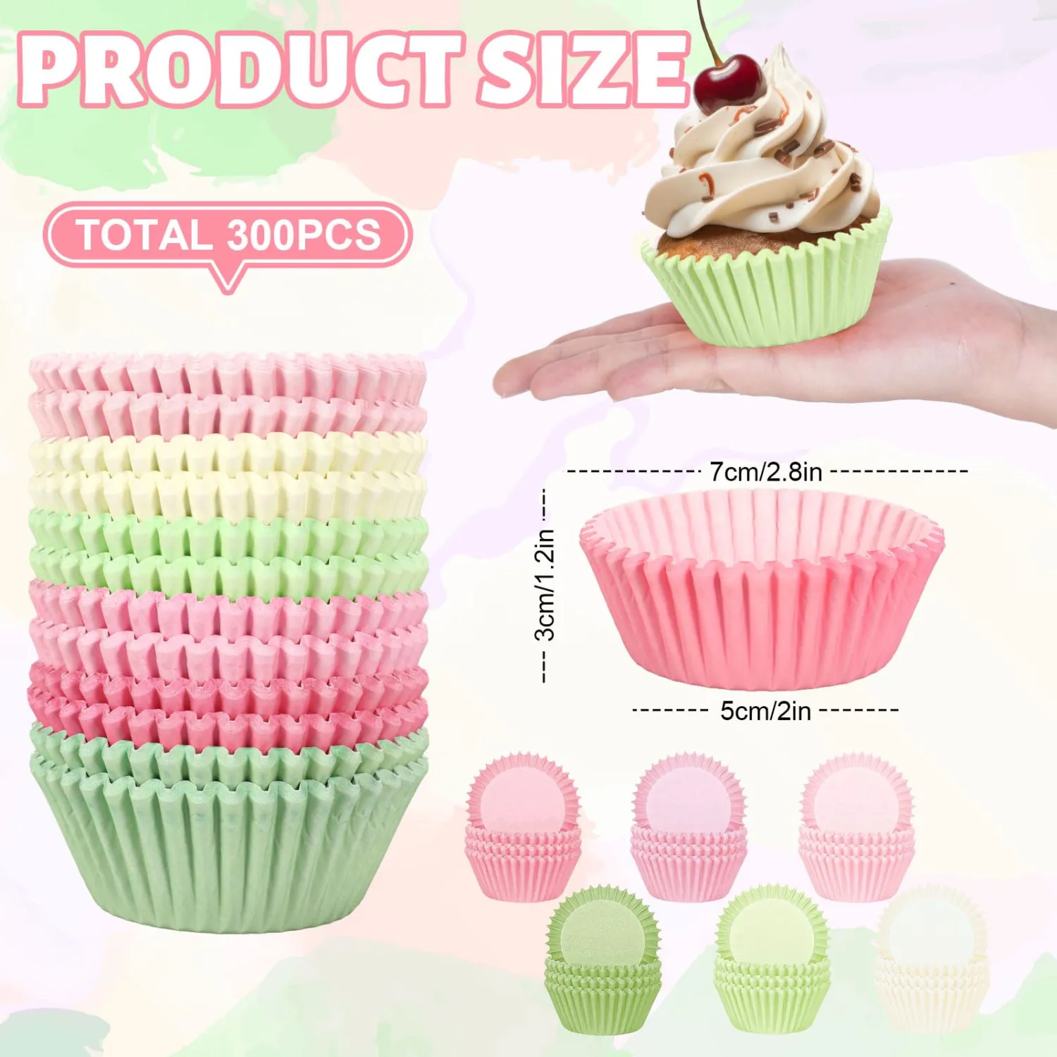 Whaline 300Pcs Pastel Colorful Cupcake Liners Paper Baking Cups Gradient Pink Green Standard Muffin Cupcake Wrappers for Spring Easter Wedding Baby Shower Birthday Party Supplies