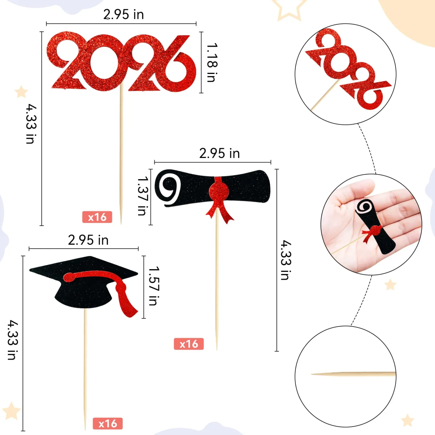 Pre-Assembled Graduation Cupcake Toppers 48 PCS, Class of 2026 Mini Cake Decorations Grad Cap & Diploma, Food & Appetizer Picks for Graduation Party