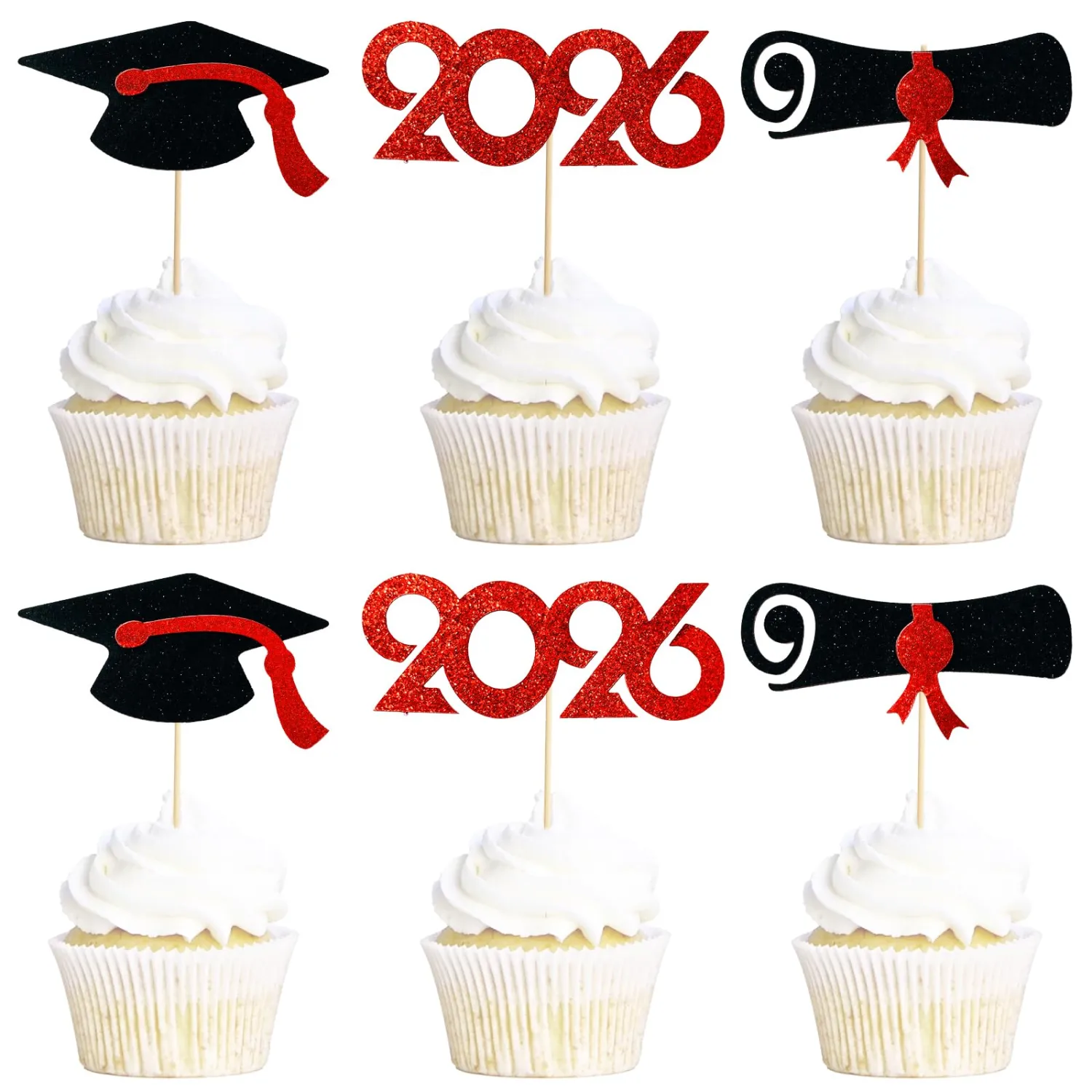 Pre-Assembled Graduation Cupcake Toppers 48 PCS, Class of 2026 Mini Cake Decorations Grad Cap & Diploma, Food & Appetizer Picks for Graduation Party