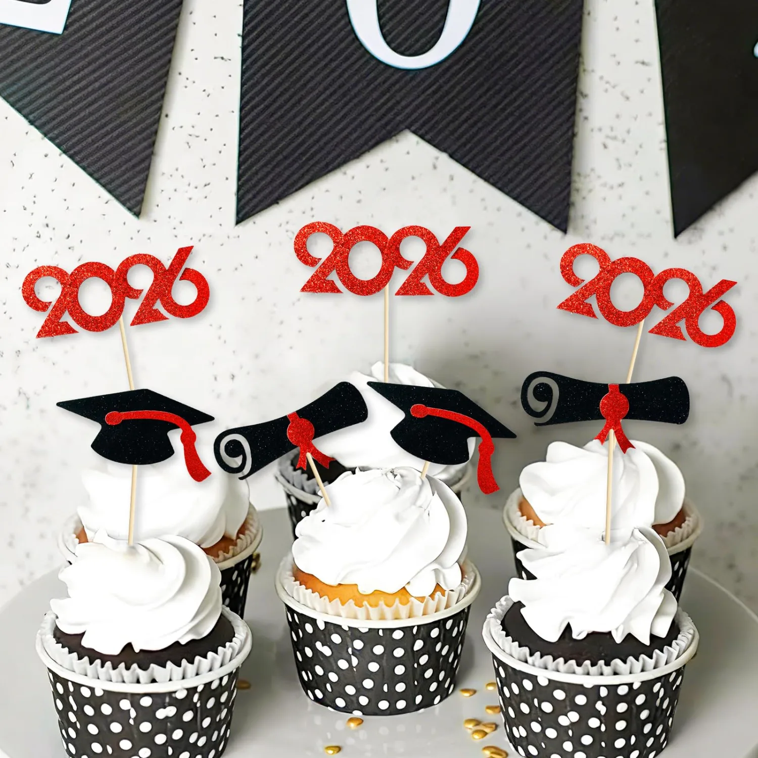 Pre-Assembled Graduation Cupcake Toppers 48 PCS, Class of 2026 Mini Cake Decorations Grad Cap & Diploma, Food & Appetizer Picks for Graduation Party