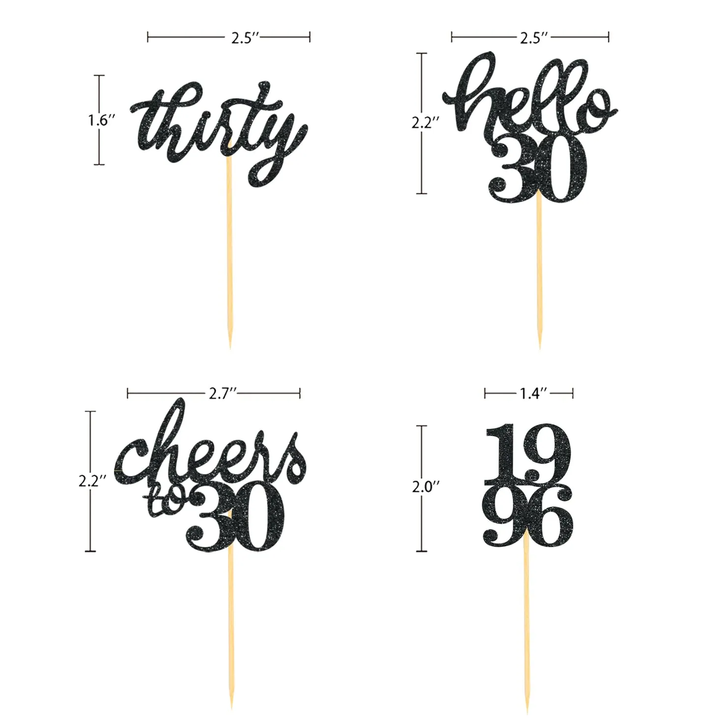24 PCS Glitter 30th Birthday Cupcake Toppers for Celebrating Thirty Years Old Birthday Party Decorations for 30th Anniversary Party Supplies (Black)