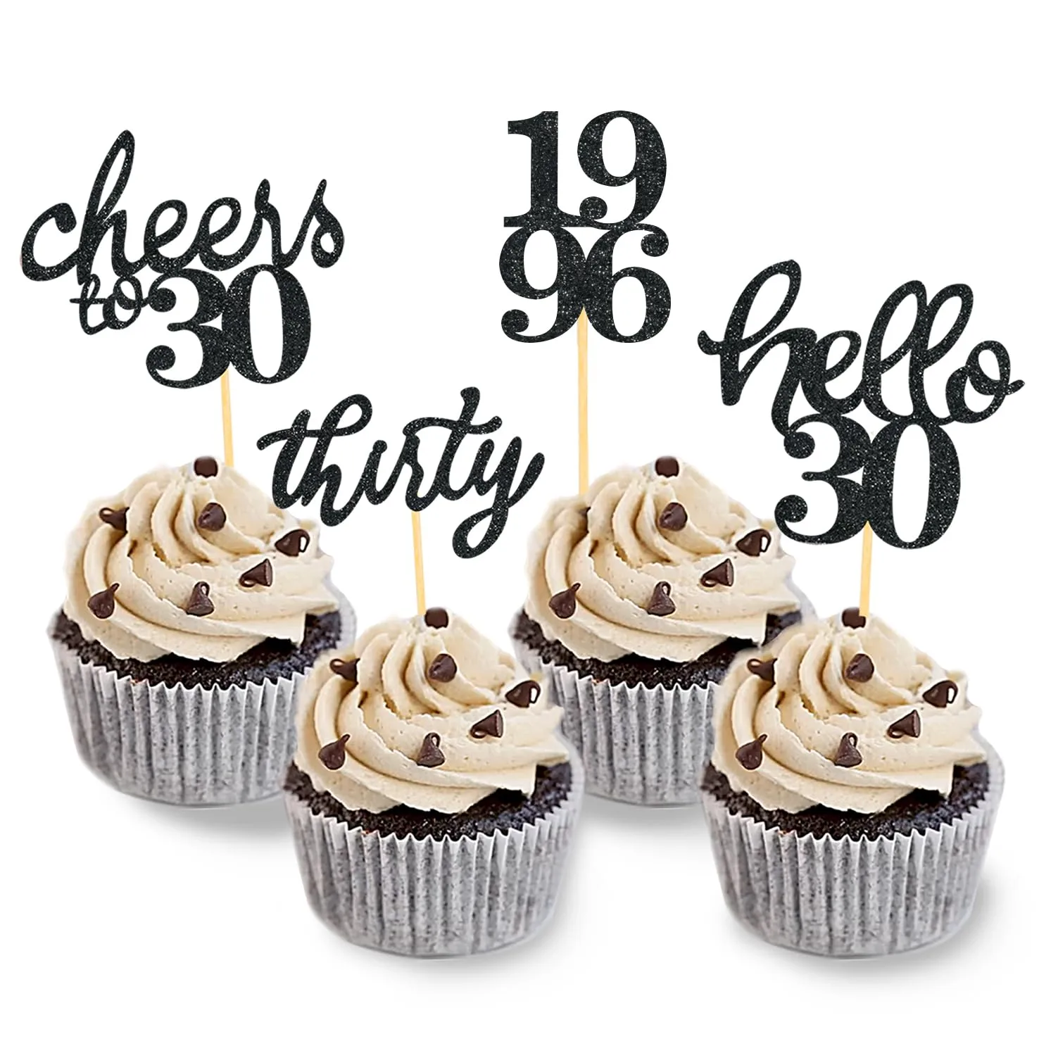 24 PCS Glitter 30th Birthday Cupcake Toppers for Celebrating Thirty Years Old Birthday Party Decorations for 30th Anniversary Party Supplies (Black)