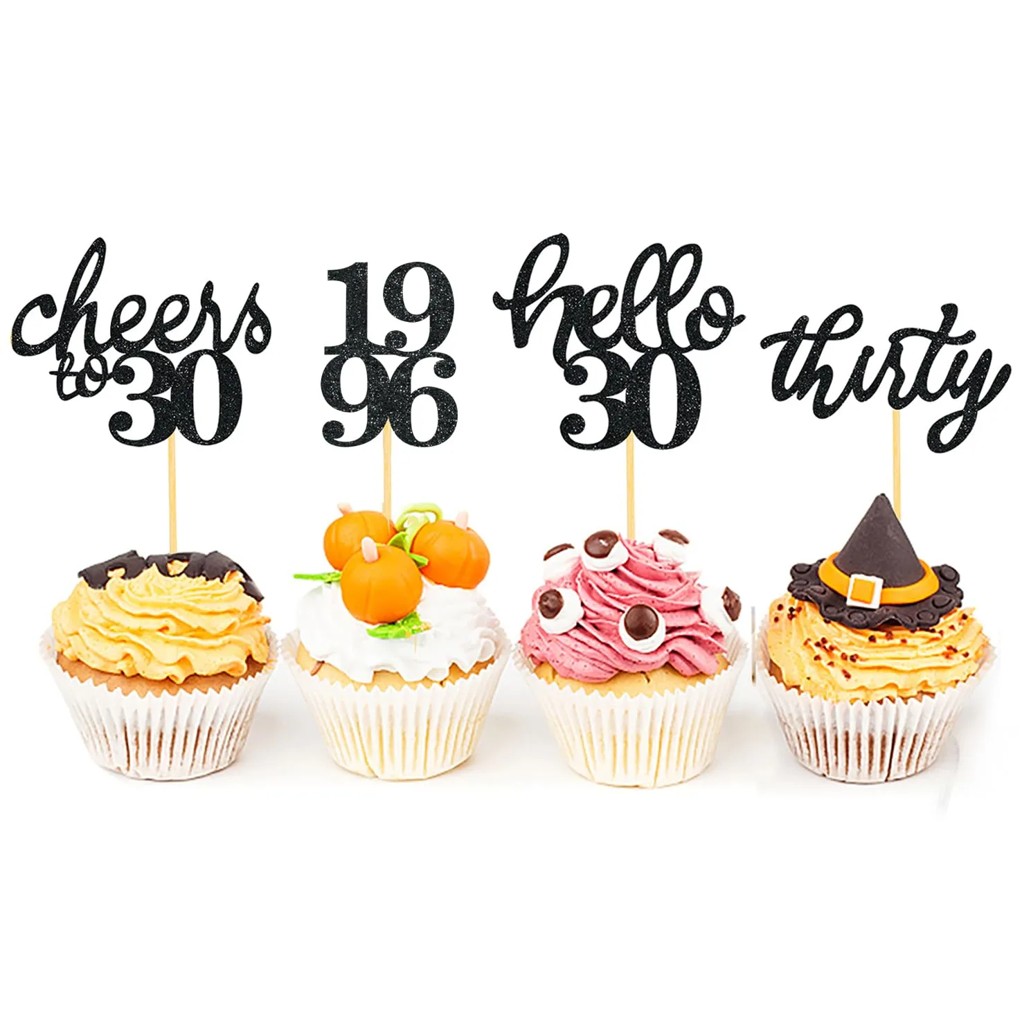 24 PCS Glitter 30th Birthday Cupcake Toppers for Celebrating Thirty Years Old Birthday Party Decorations for 30th Anniversary Party Supplies (Black)