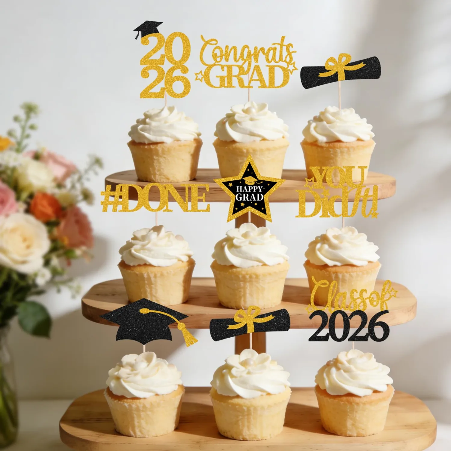 Graduation Cupcake Toppers 2026,48Pcs Black and Gold Graduation Cake Toppers,Congrats Grad Cake Decorations Class of 2026 Cupcake Toppers,Grad Cupcake Toppers for Graduation Party Decorations