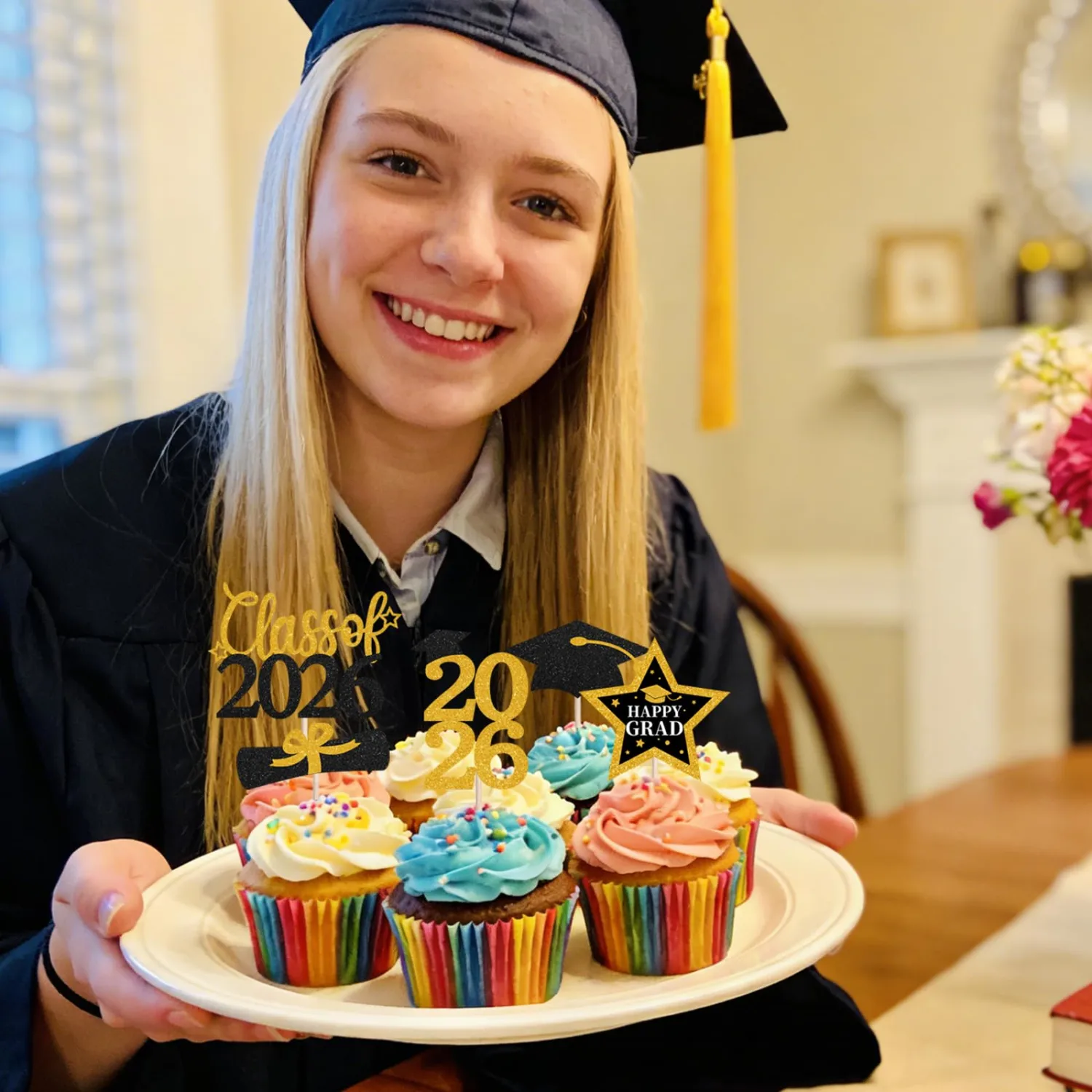 Graduation Cupcake Toppers 2026,48Pcs Black and Gold Graduation Cake Toppers,Congrats Grad Cake Decorations Class of 2026 Cupcake Toppers,Grad Cupcake Toppers for Graduation Party Decorations