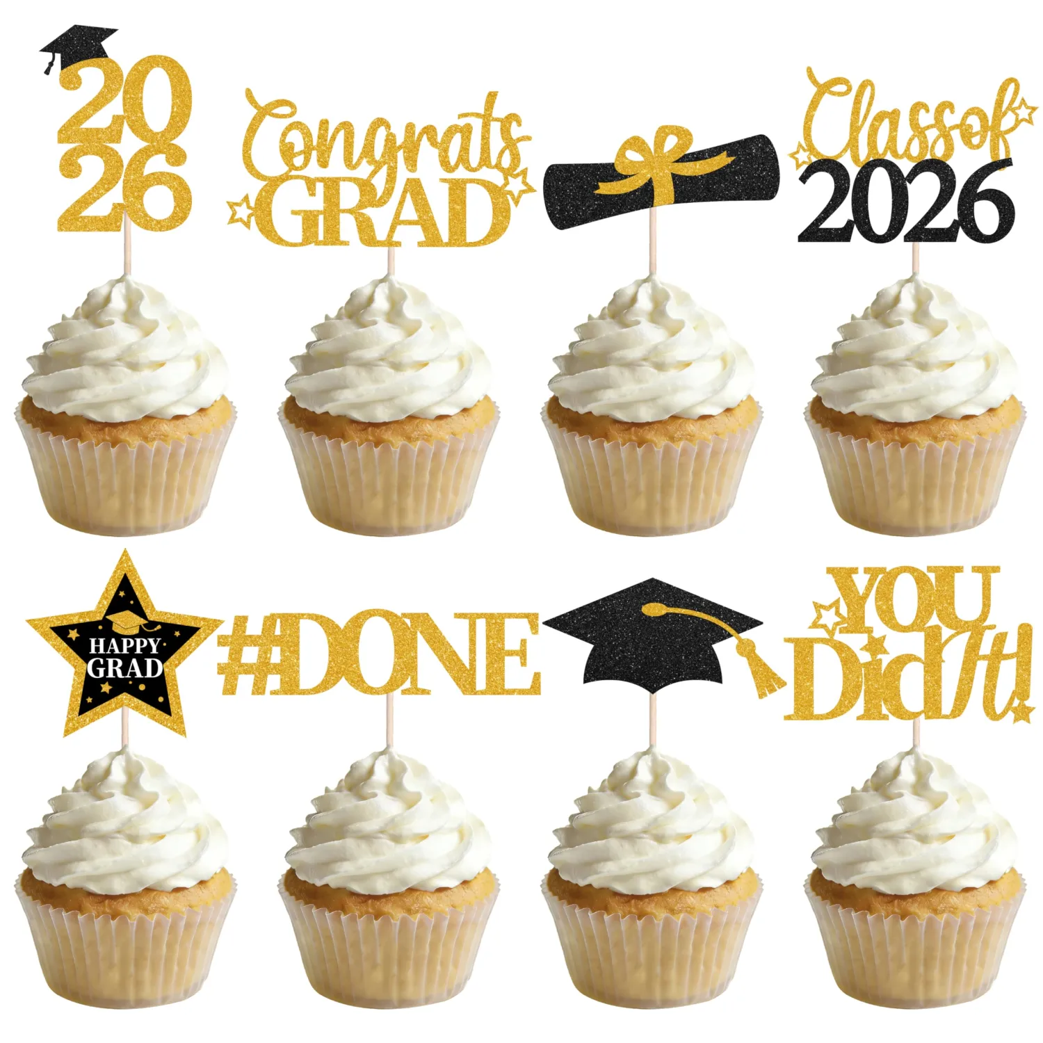 Graduation Cupcake Toppers 2026,48Pcs Black and Gold Graduation Cake Toppers,Congrats Grad Cake Decorations Class of 2026 Cupcake Toppers,Grad Cupcake Toppers for Graduation Party Decorations