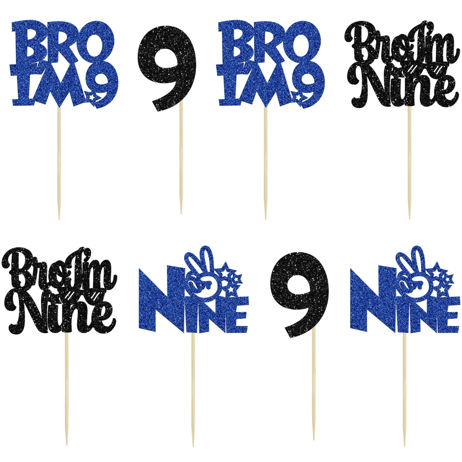 Ephlyn 24Pcs Bro I'm 9 Cupcake Toppers Glitter Boy 9th Birthday Cupcake Pick Decorations for Cheers to Nine Years Old Big Brother 9th Birthday Party Supplies