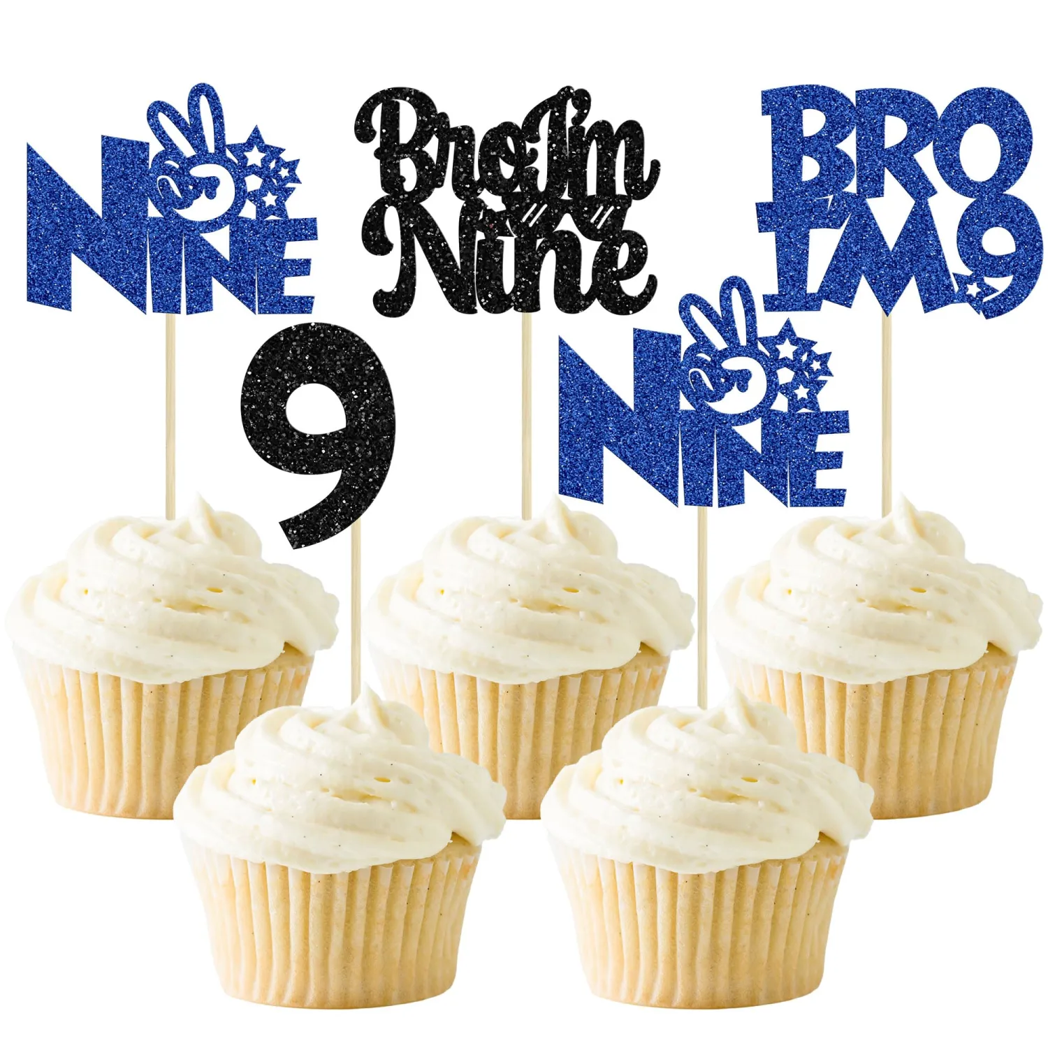 Ephlyn 24Pcs Bro I'm 9 Cupcake Toppers Glitter Boy 9th Birthday Cupcake Pick Decorations for Cheers to Nine Years Old Big Brother 9th Birthday Party Supplies