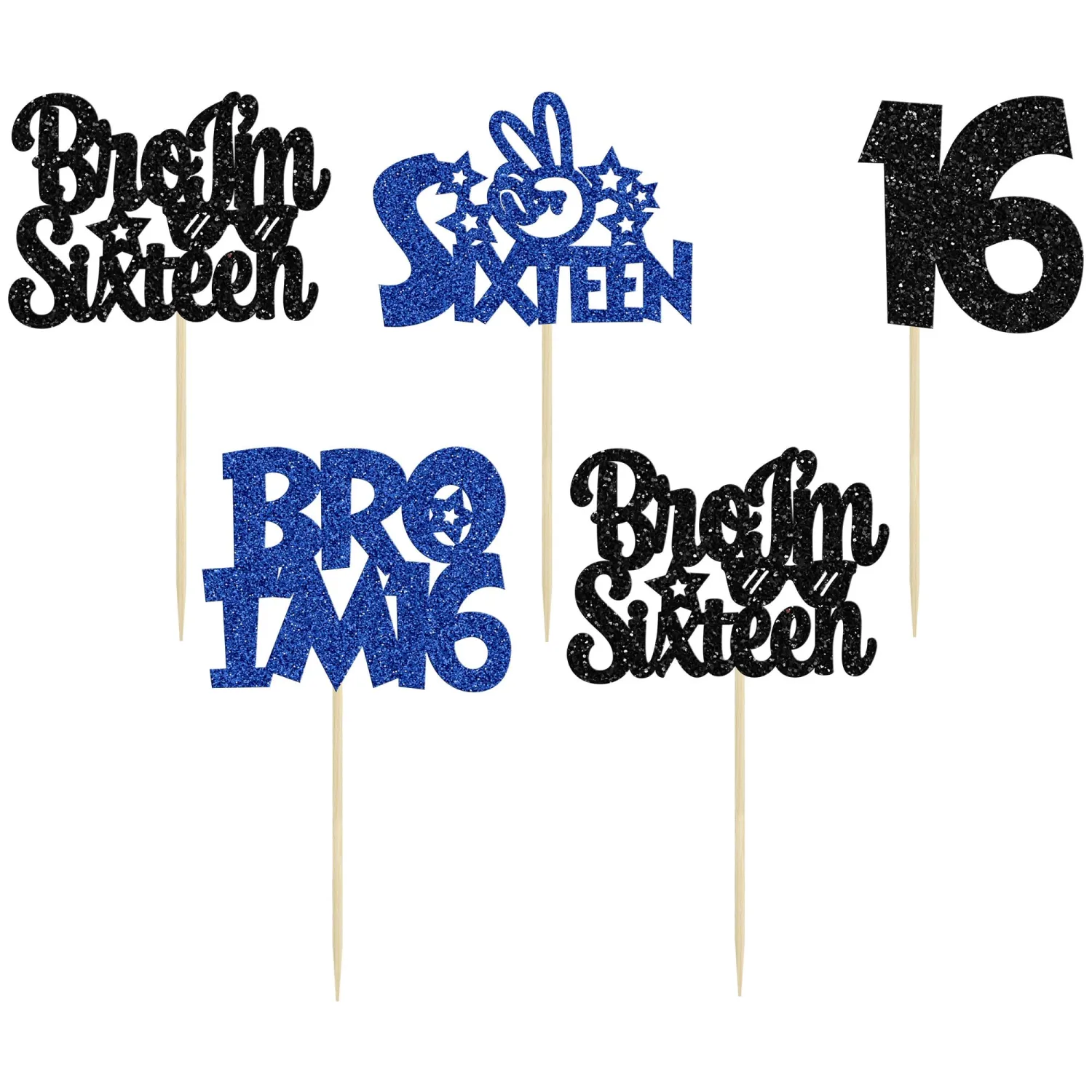 Ephlyn 24Pcs Bro I'm 16 Cupcake Toppers Glitter Boy 16th Birthday Cupcake Pick Decorations for Cheers to Sixteen Years Old Big Brother 16th Birthday Party Supplies