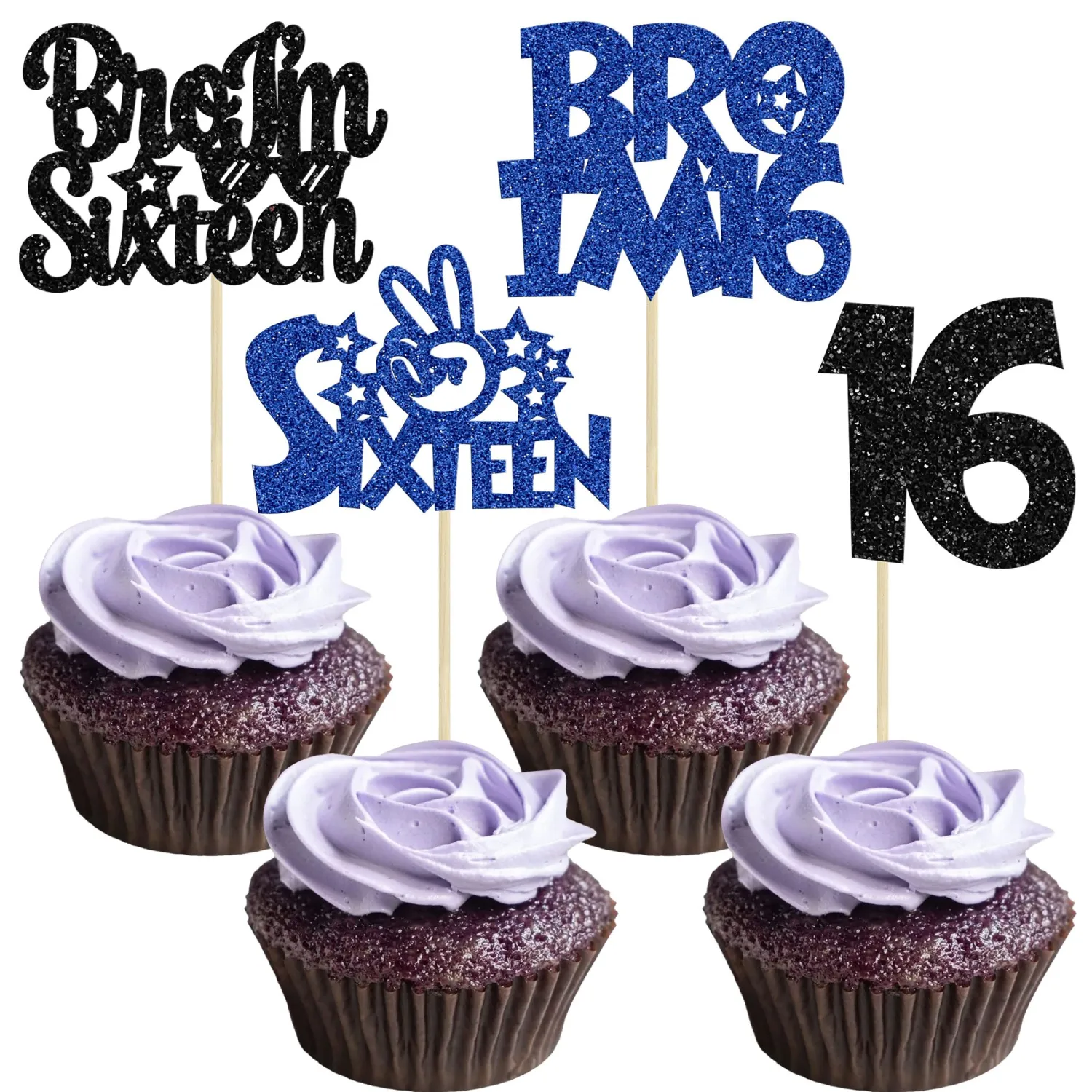 Ephlyn 24Pcs Bro I'm 16 Cupcake Toppers Glitter Boy 16th Birthday Cupcake Pick Decorations for Cheers to Sixteen Years Old Big Brother 16th Birthday Party Supplies