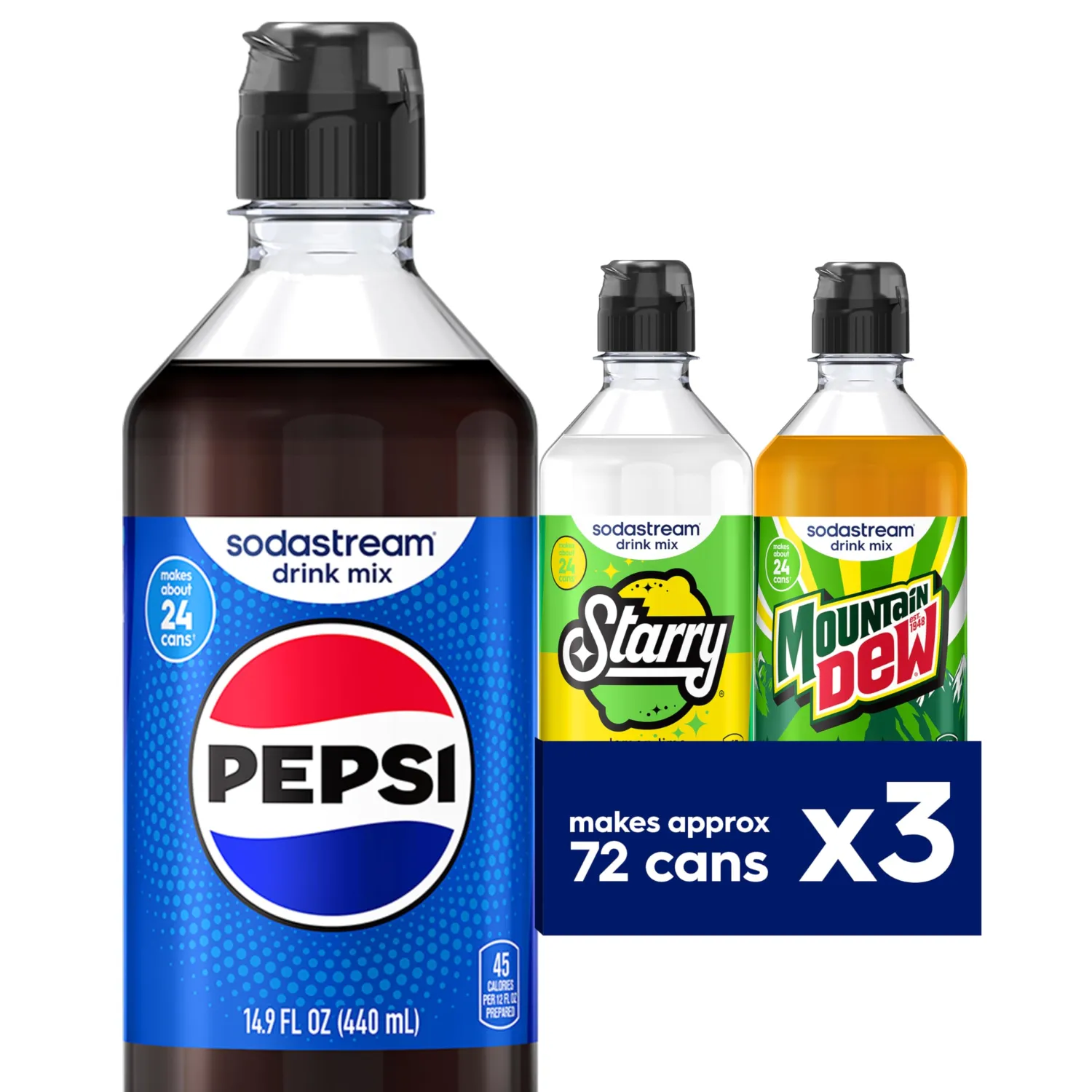 SodaStream Pepsi, Starry & MTN Dew, Regular, Variety Pack New Pour Bottle 440ml, (Pack of 3)