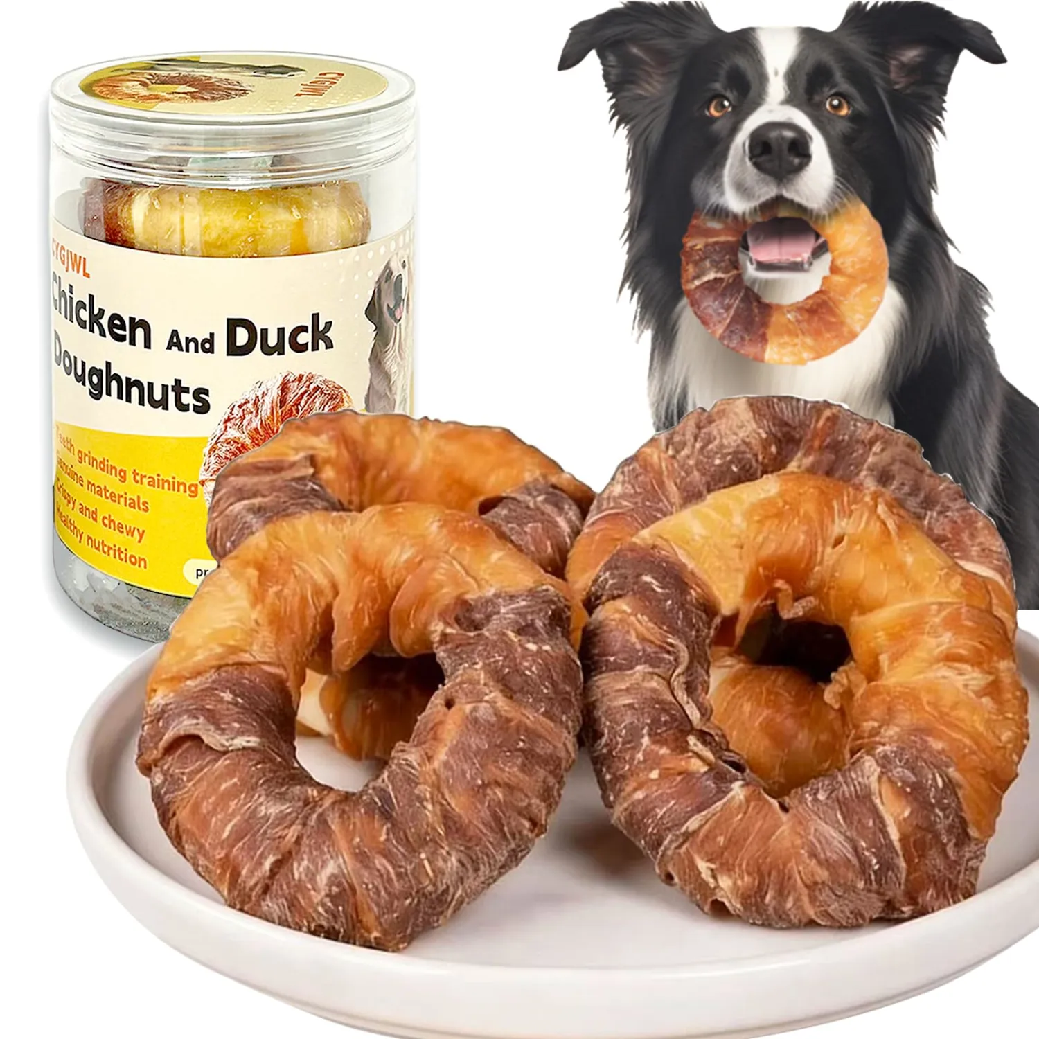 Dog Donut Treats,Chicken Duck Wrapped Rawhide Donuts,Long Lasting Chewy Snacks(Pack of 4)