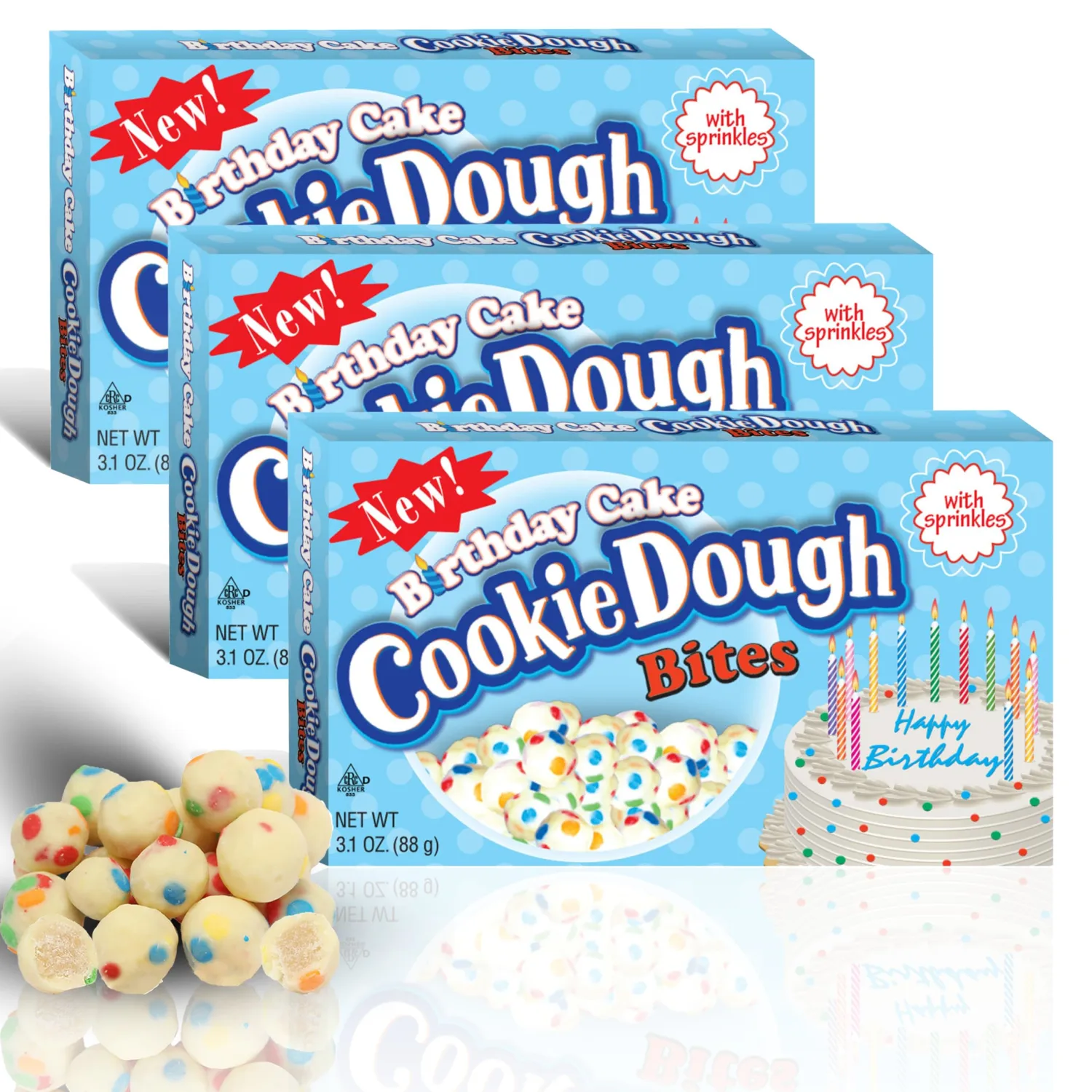 Cookie Dough Bites Birthday Cake Flavored Candy | 3.1 oz (Pack of 3) | The Original Edible Cookie Dough | Movie Theater Candy