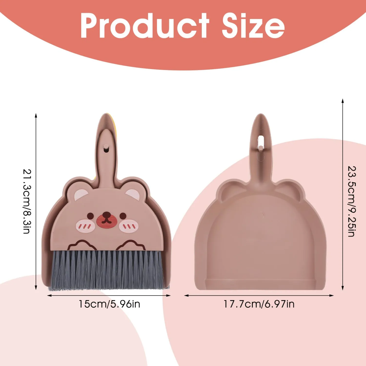 Portable Hand Broom and Dustpan Set, Cute Mini Dustpan and Brush with Bear Pattern, Small Cartoon Space Cleaning Tool for Home Office Desktop Car Camping Kitchen Tabletop (Brown)