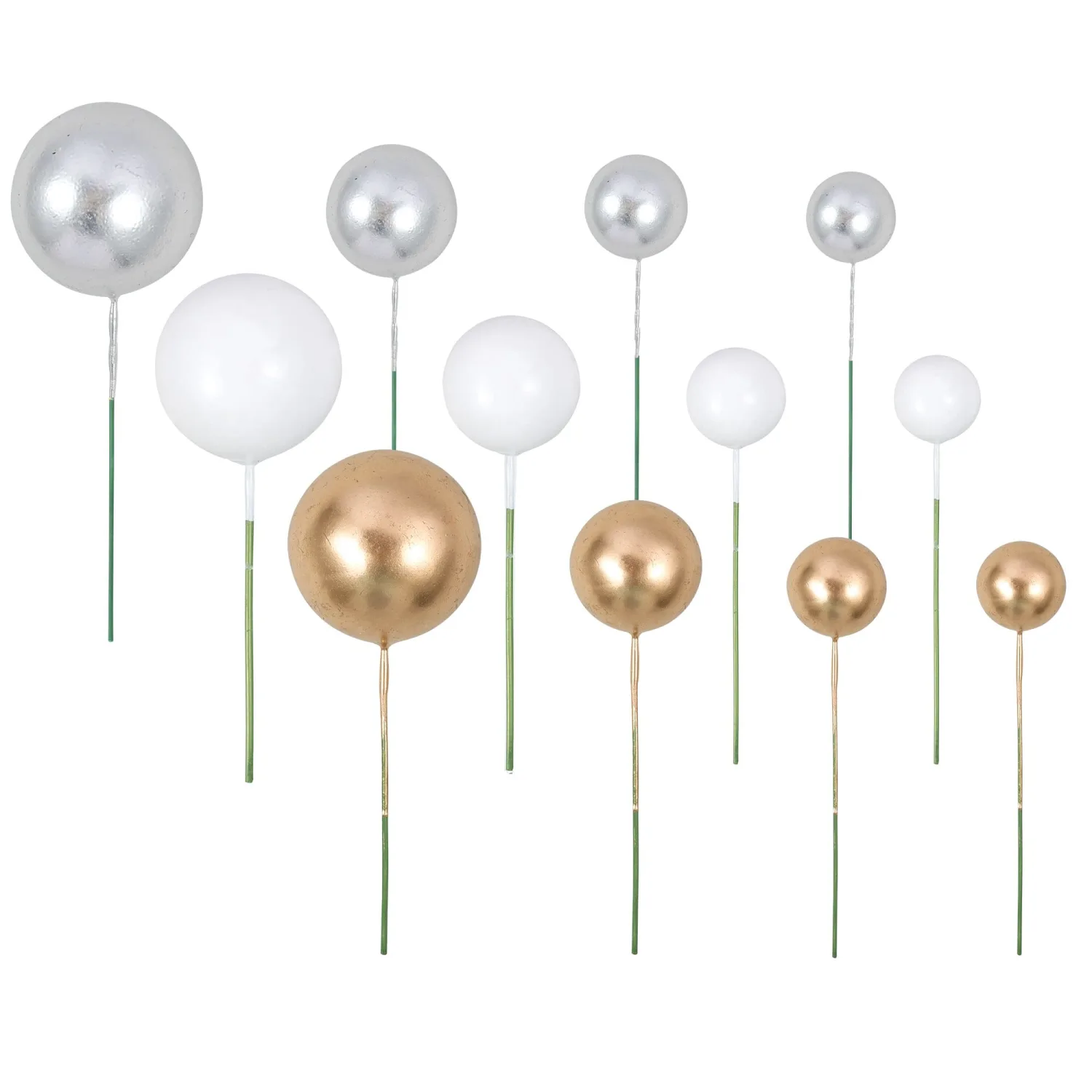 Gyufise 30Pcs Balls Cake Topper Foam Ball Cake Picks Mini Balloon DIY Cake Insert Topper Decoration for Baby Shower Wedding Anniversary Kids Birthday Party Cake Decorations Gold Silver White