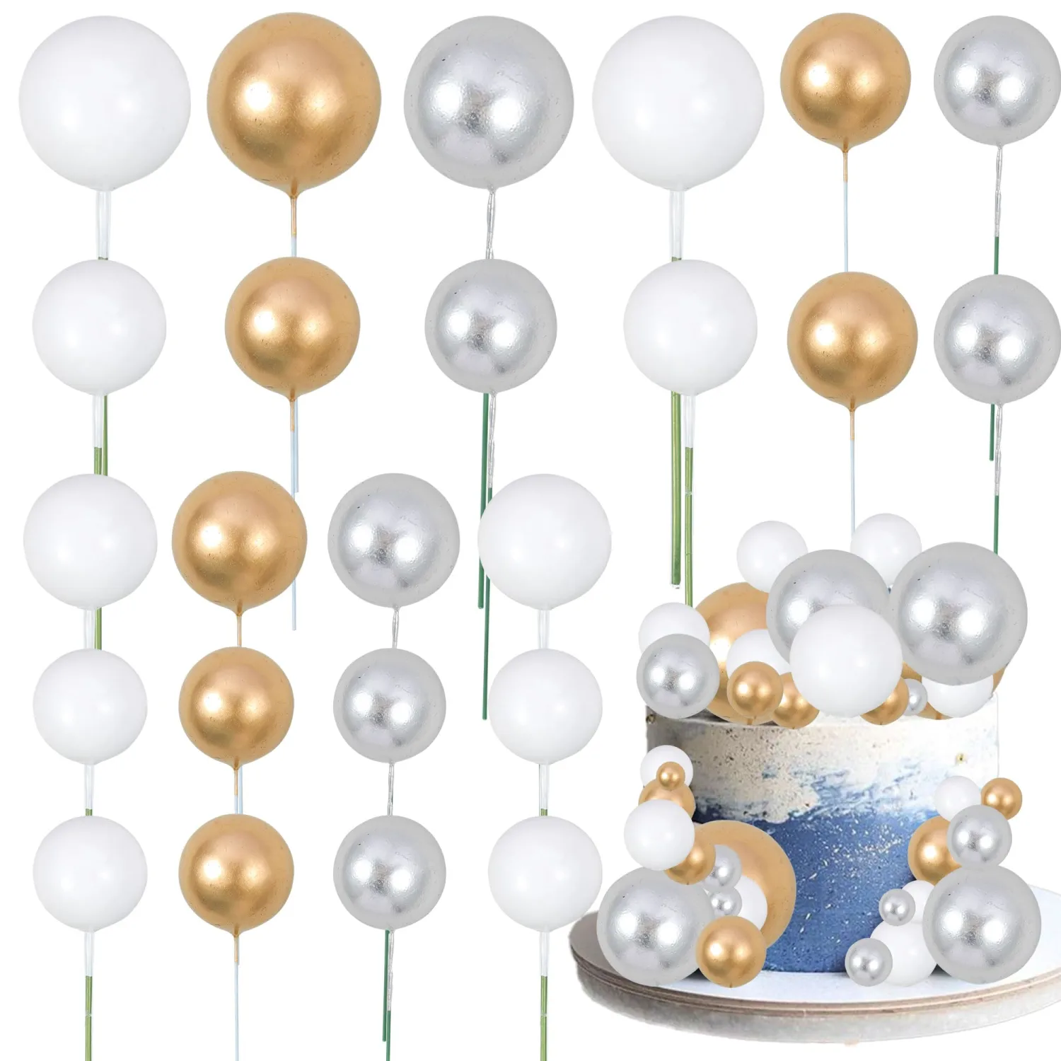Gyufise 30Pcs Balls Cake Topper Foam Ball Cake Picks Mini Balloon DIY Cake Insert Topper Decoration for Baby Shower Wedding Anniversary Kids Birthday Party Cake Decorations Gold Silver White