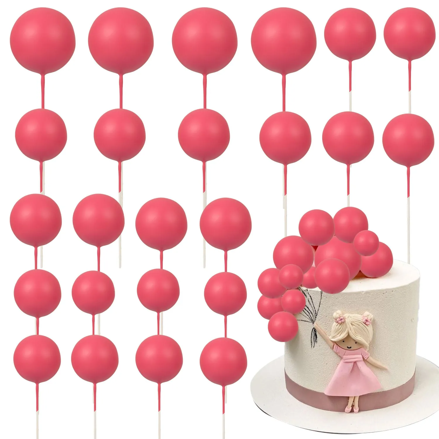 Gyufise 30Pcs Balls Cake Toppers Ball Cake Picks Foam Ball Shaped Cupcake Toppers Mini Balloons Baby Shower Cake Decorations for Wedding Enaggement Bridal Shower Birthday Party Supplies Rose Red