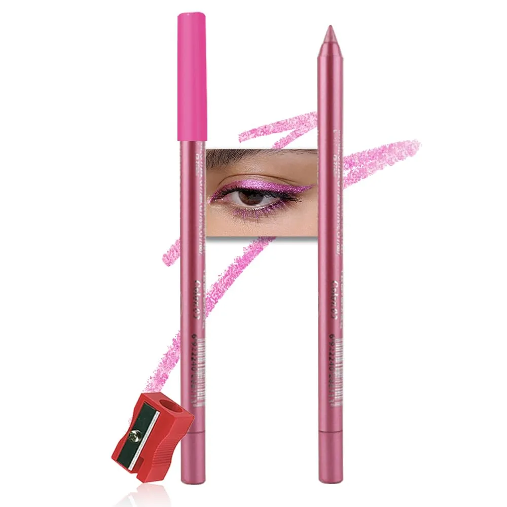 evpct Pink Glitter Eyeliner Pencils for Eyes, Pink Metallic Shimmer Eye Liner Pencil Makeup Waterproof Smudge Proof, Colored Gel Waterline Eyeliner Liquid, Face Eye Paint Stick Halloween Makeup 03