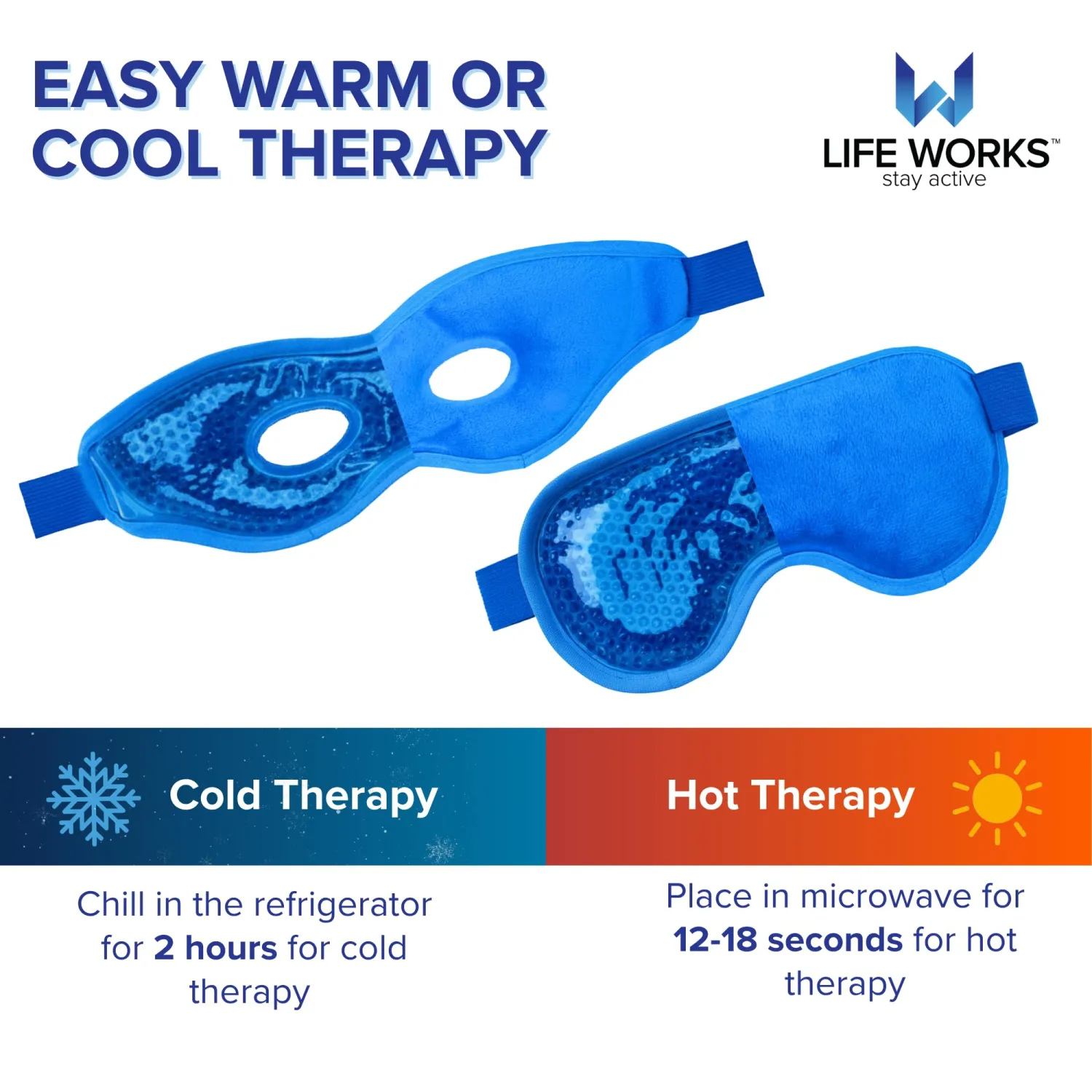 LIFE WORKS 2-Pack Eye Mask Set with Cutout, Hot or Cold Therapy for Puffy Eyes, Dark Circles, Headaches, and Migraines, Soft Gel Beads & Liquid Gel for Cooling or Warming Comfort