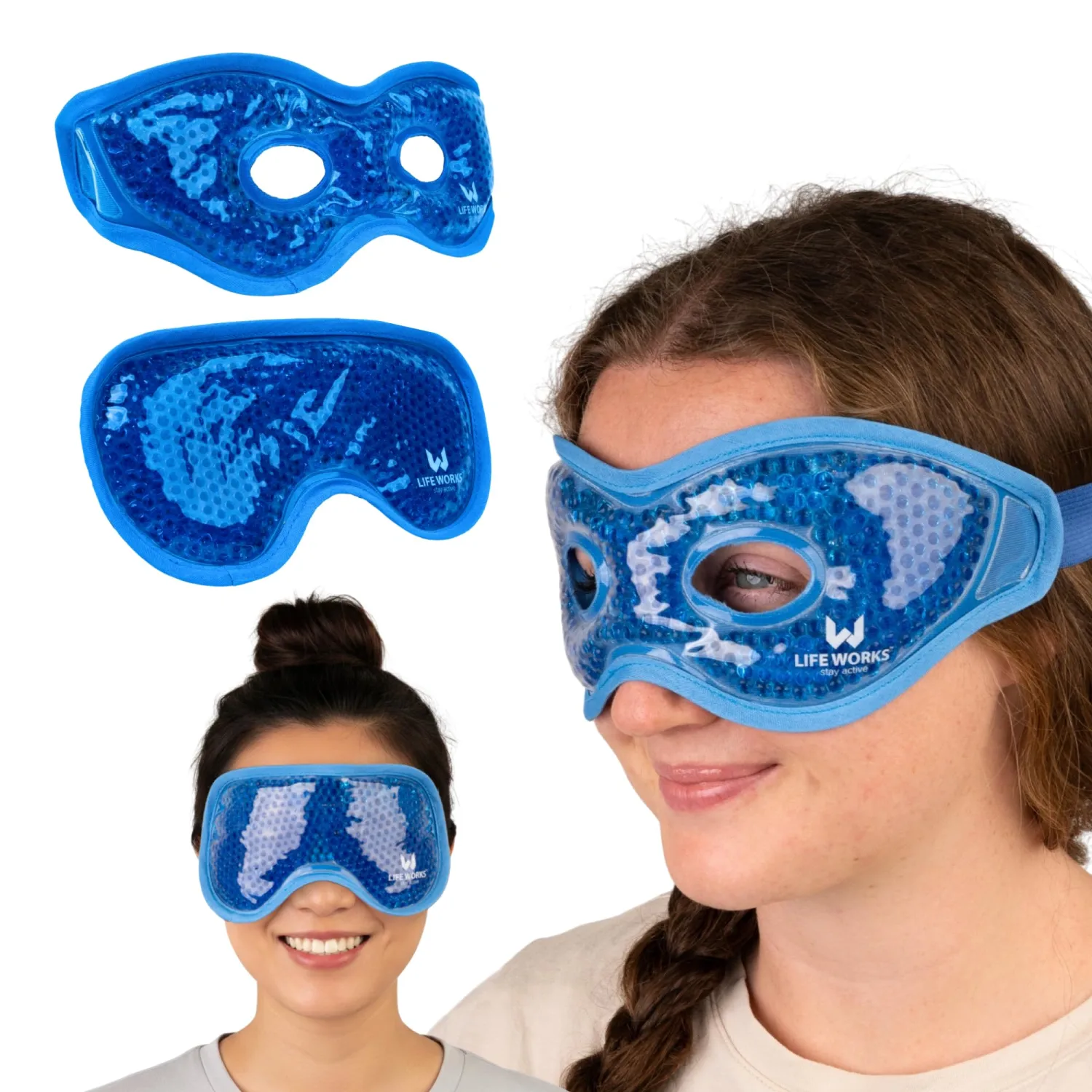 LIFE WORKS 2-Pack Eye Mask Set with Cutout, Hot or Cold Therapy for Puffy Eyes, Dark Circles, Headaches, and Migraines, Soft Gel Beads & Liquid Gel for Cooling or Warming Comfort