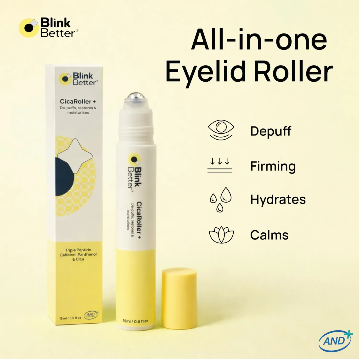 CicaRoller+ Depuffing Eye Roller Serum for Eyelids and Under Eyes – Cooling Rollerball with 2.5% Caffeine, Peptides, Cica & Panthenol, Hydrates, Soothes and Smooths Puffy Eyes, 15 ml