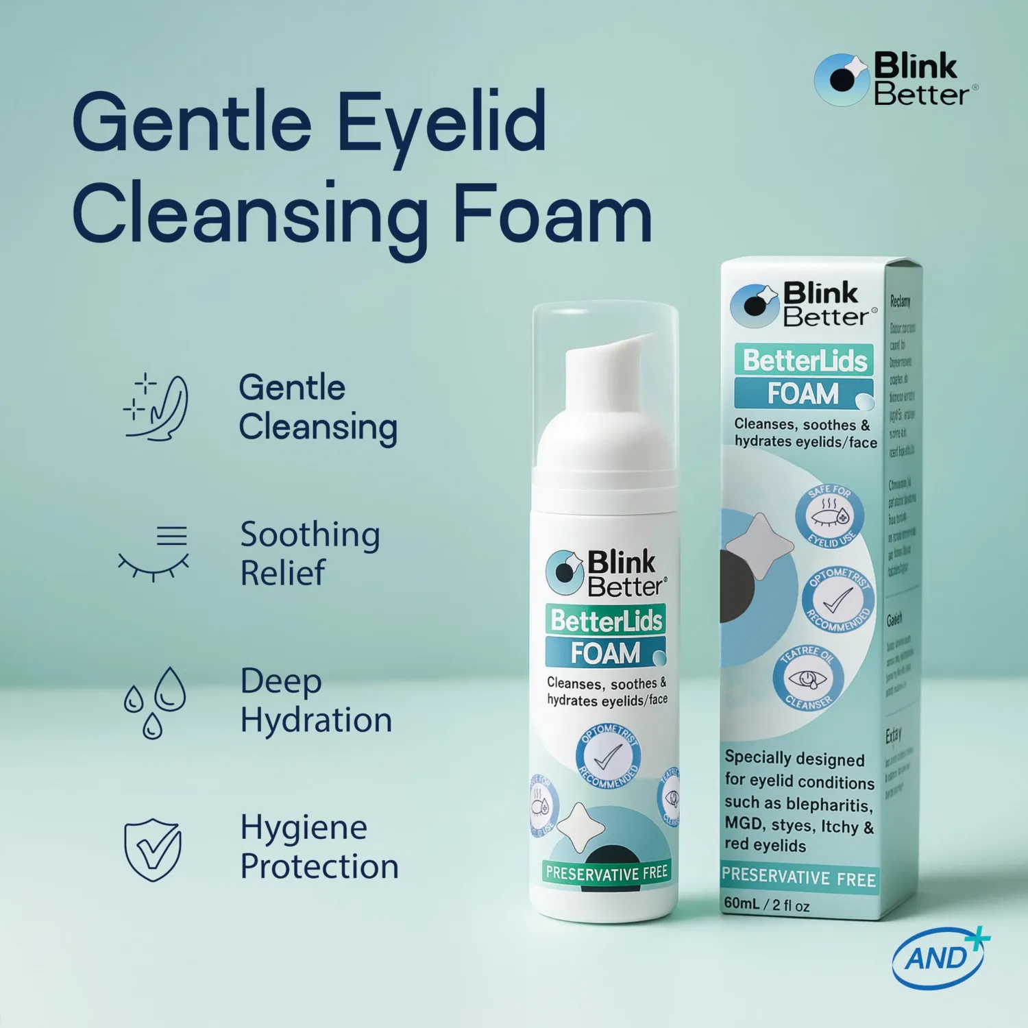BetterLids Foaming Eyelid Cleanser – Gentle Daily Foam for Eyelids & Lashes – Soothing Tea Tree Oil Formula with Ectoin & Centella, Non-Stinging, Preservative-Free, 2 fl oz