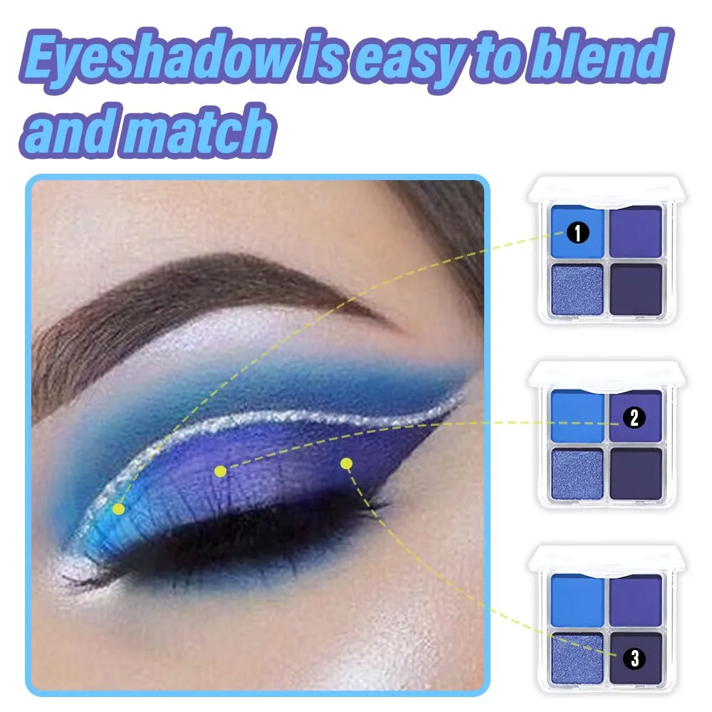 Navy Blue 4Colors Eyeshadow Makeup Palette,Royal Blue Natural Neutral Powde Eye Shadow Palettes for Older Women,Long Lasting Naturing-Looking,Lightweight,Waterproof,Eye Makeup Kit Travel Size,Vegan