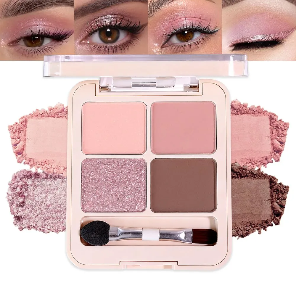 Pink Purple Brown 4Colors Eyeshadow Makeup Palette with Brush Mirror,Natural Neutral Powde Eye Shadow Palettes for Older Women,Long Lasting Naturing-Looking,Lightweight Eye Makeup Kit Travel Size