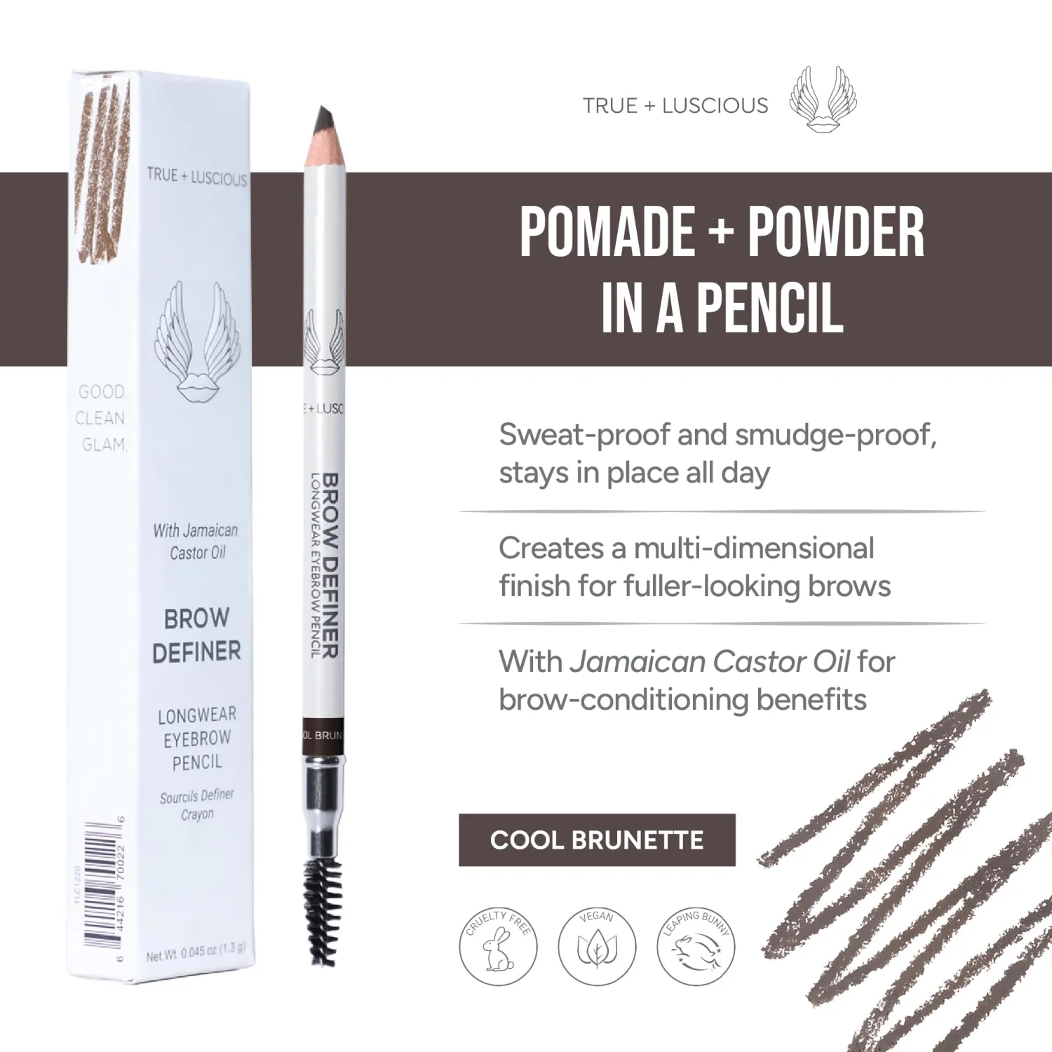 True + Luscious Brow Definer Pencil | Pomade and Powder Combo with Organic Castor Oil | Fills Shapes Eyebrows Waterproof Long-Lasting Vegan Cruelty-Free Clean Waterproof | Cool Brunette